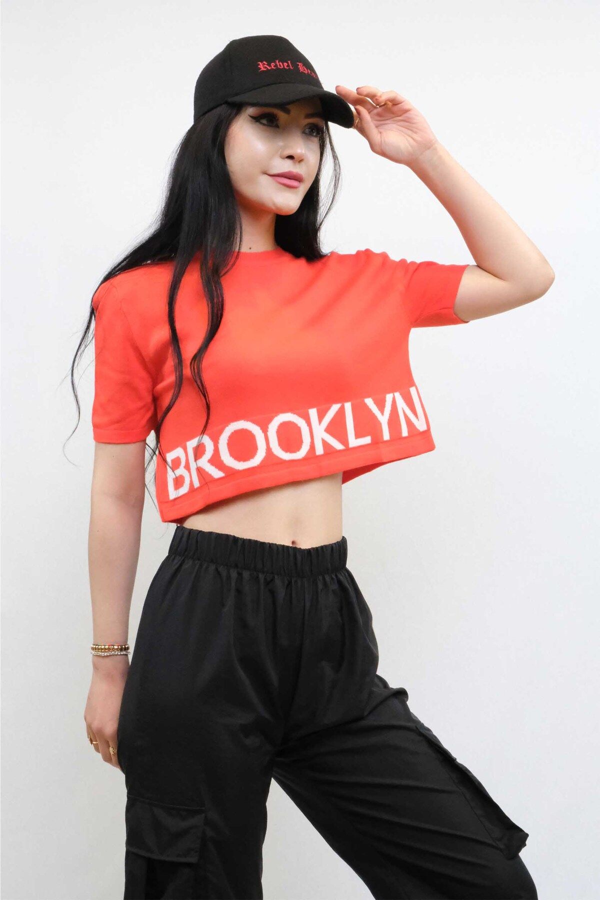 COXO Fashion`S Moda Çizgi Knitwear Crop Orange