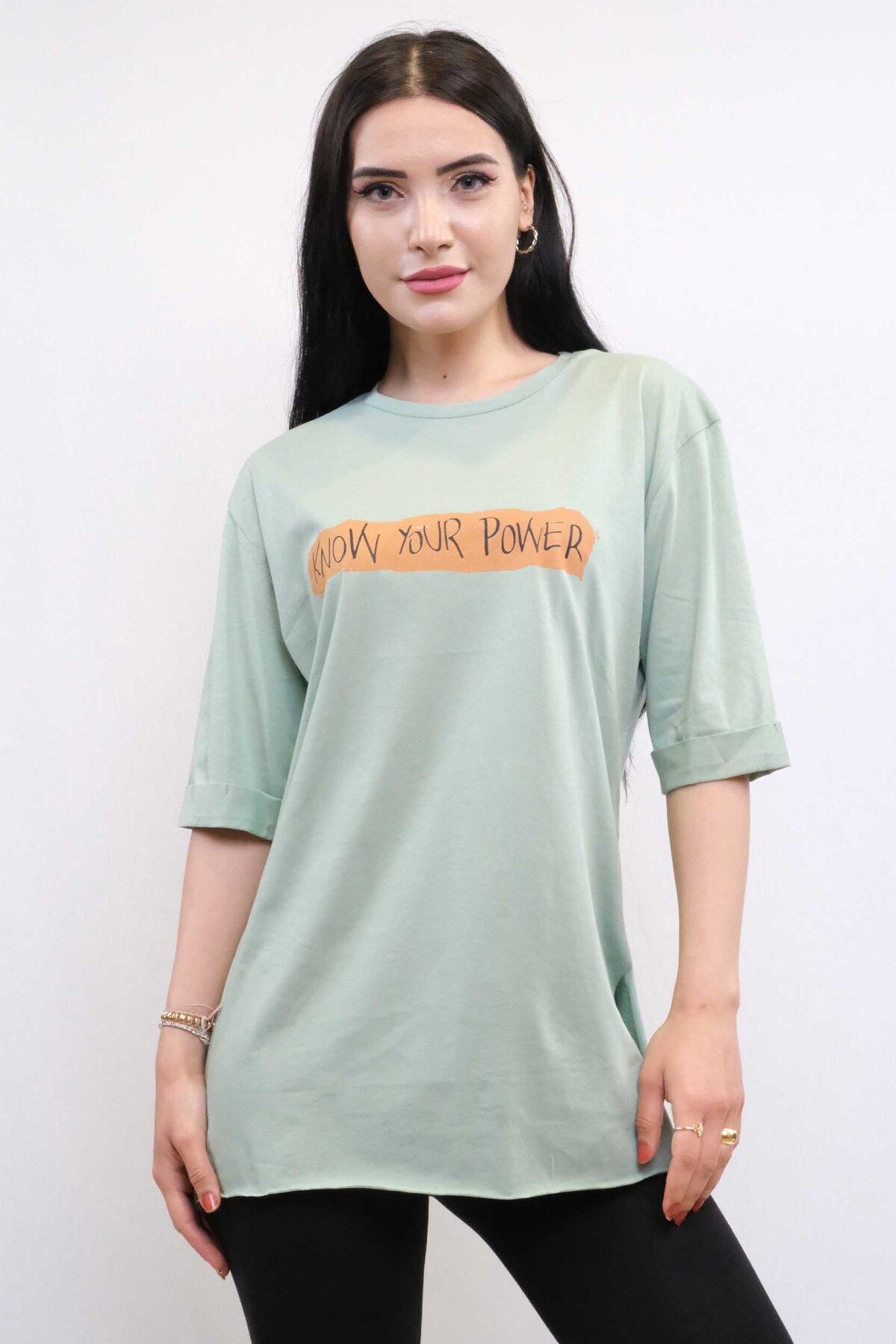 COXO Fashion`S Moda Çizgi Crew Neck Oversize Tshirt Mint