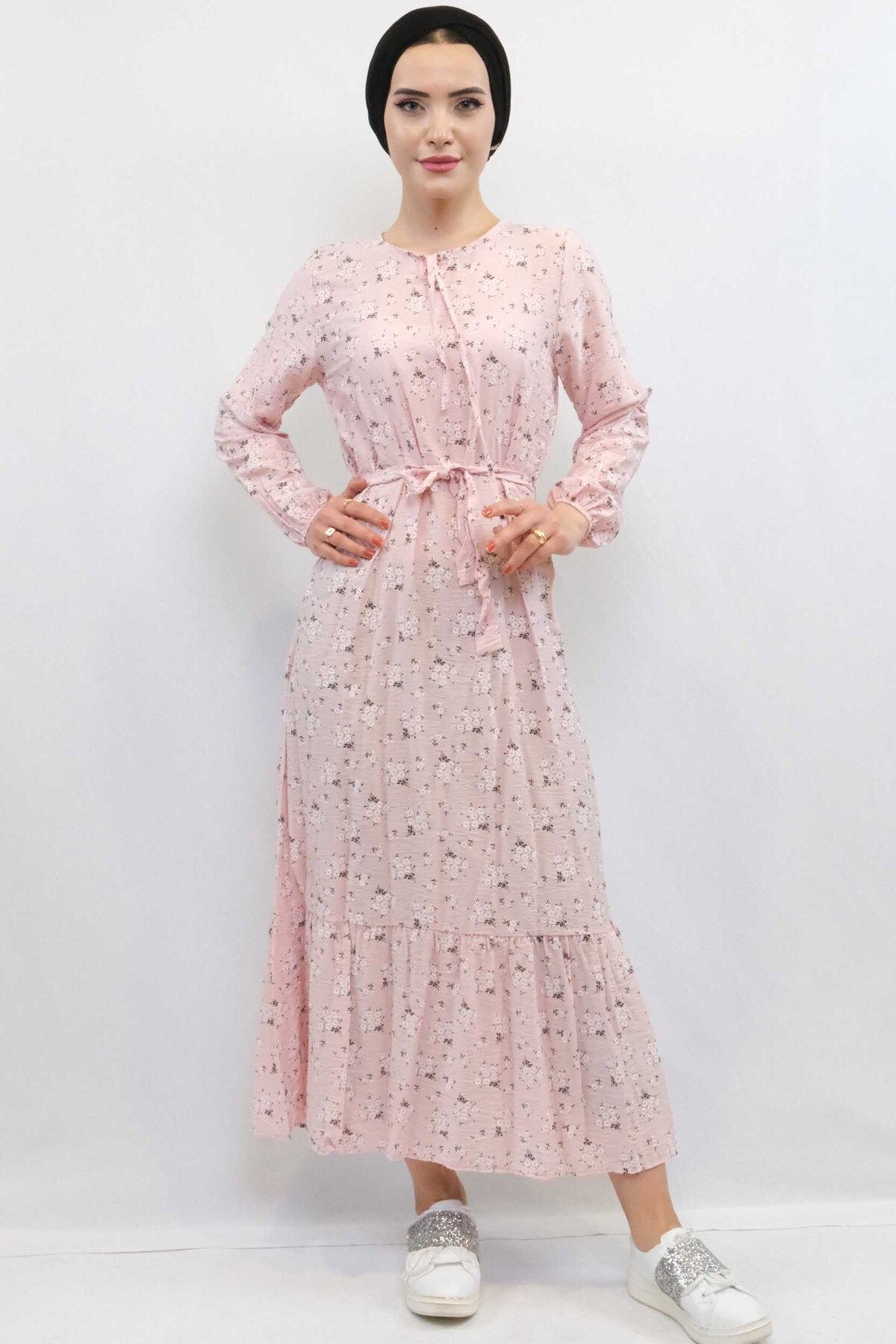COXO Fashion`S Moda Çizgi Floral Dress Powder