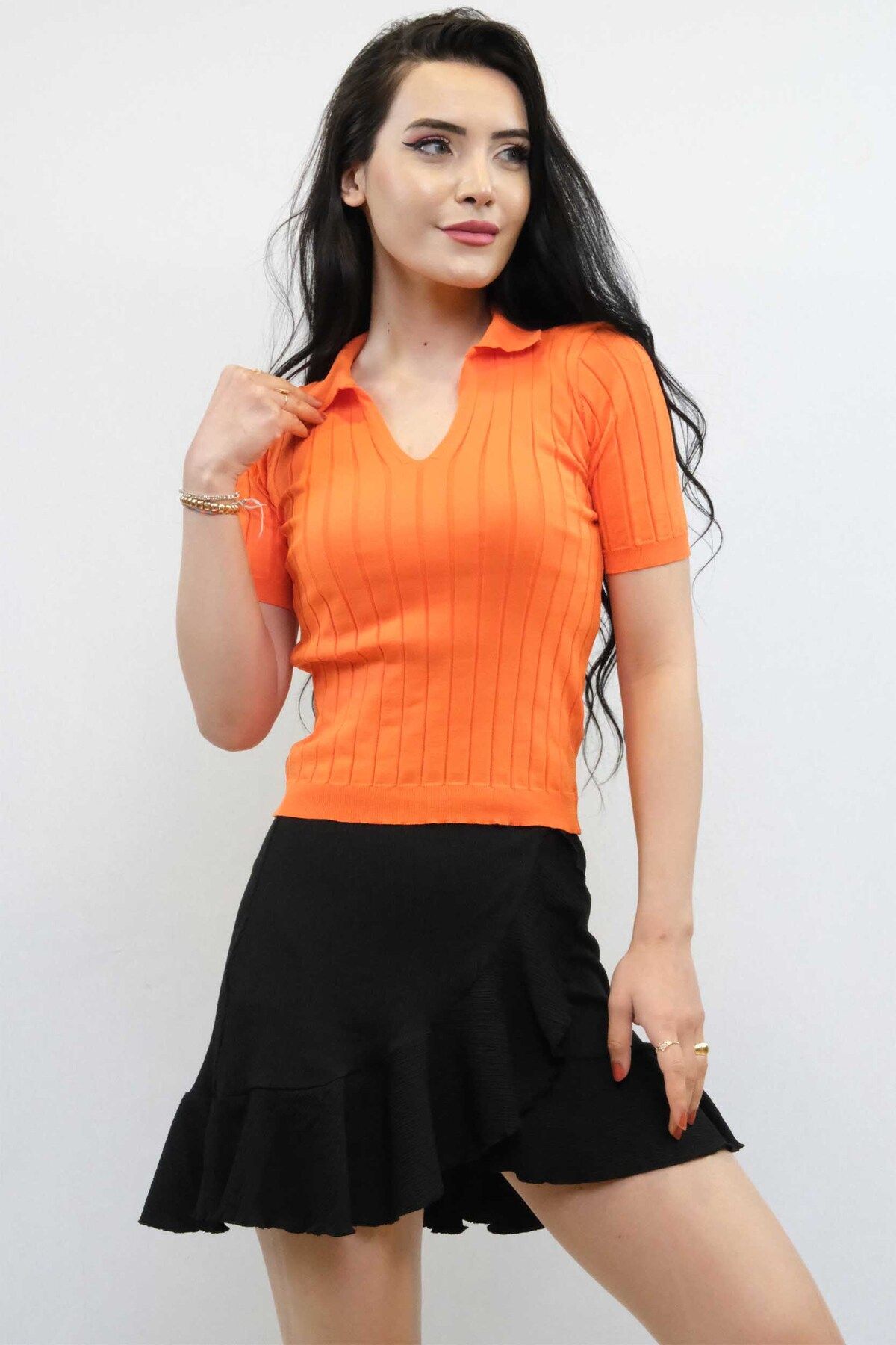 COXO Fashion`S Moda Çizgi Shirt Collar Knitwear Blouse Orange