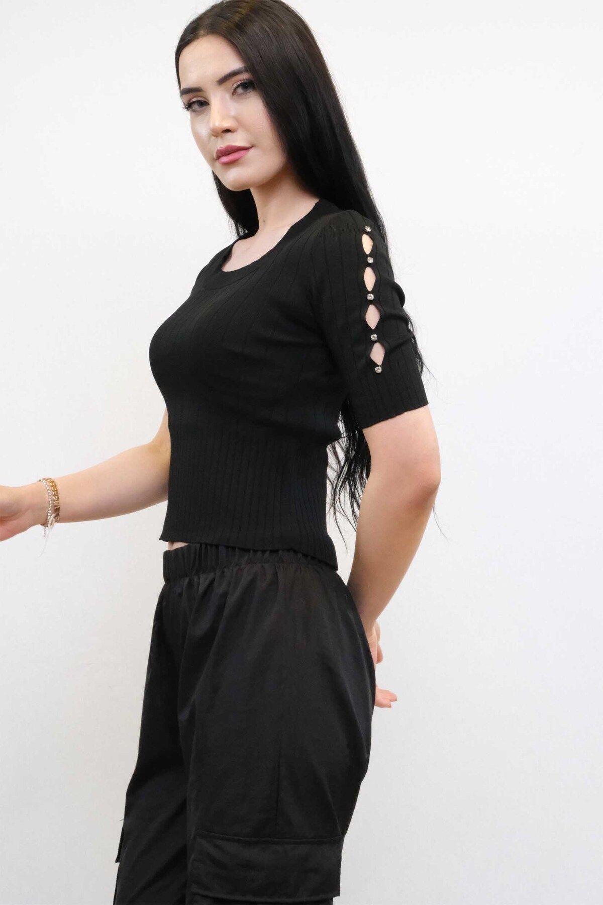 COXO Fashion`S Moda Çizgi Kolları Taşlı Triko Bluz Siyah