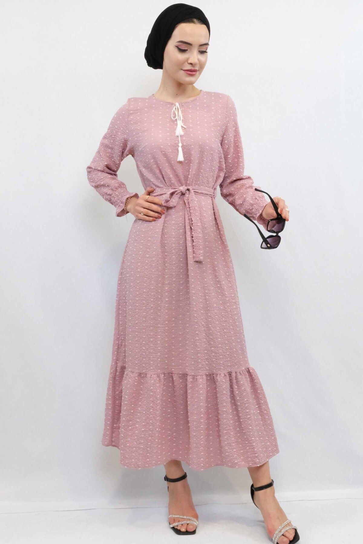 COXO Fashion`S Moda Çizgi Patch Dress Dusty Rose