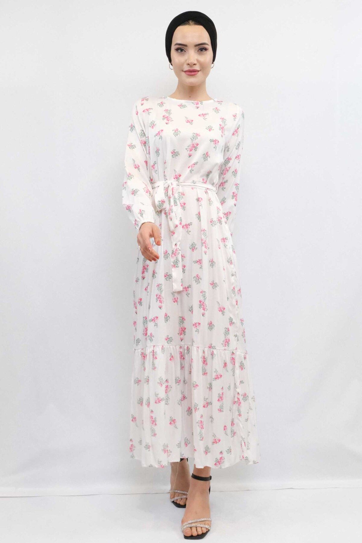 COXO Fashion`S Moda Çizgi Floral Pattern Dress Ecru