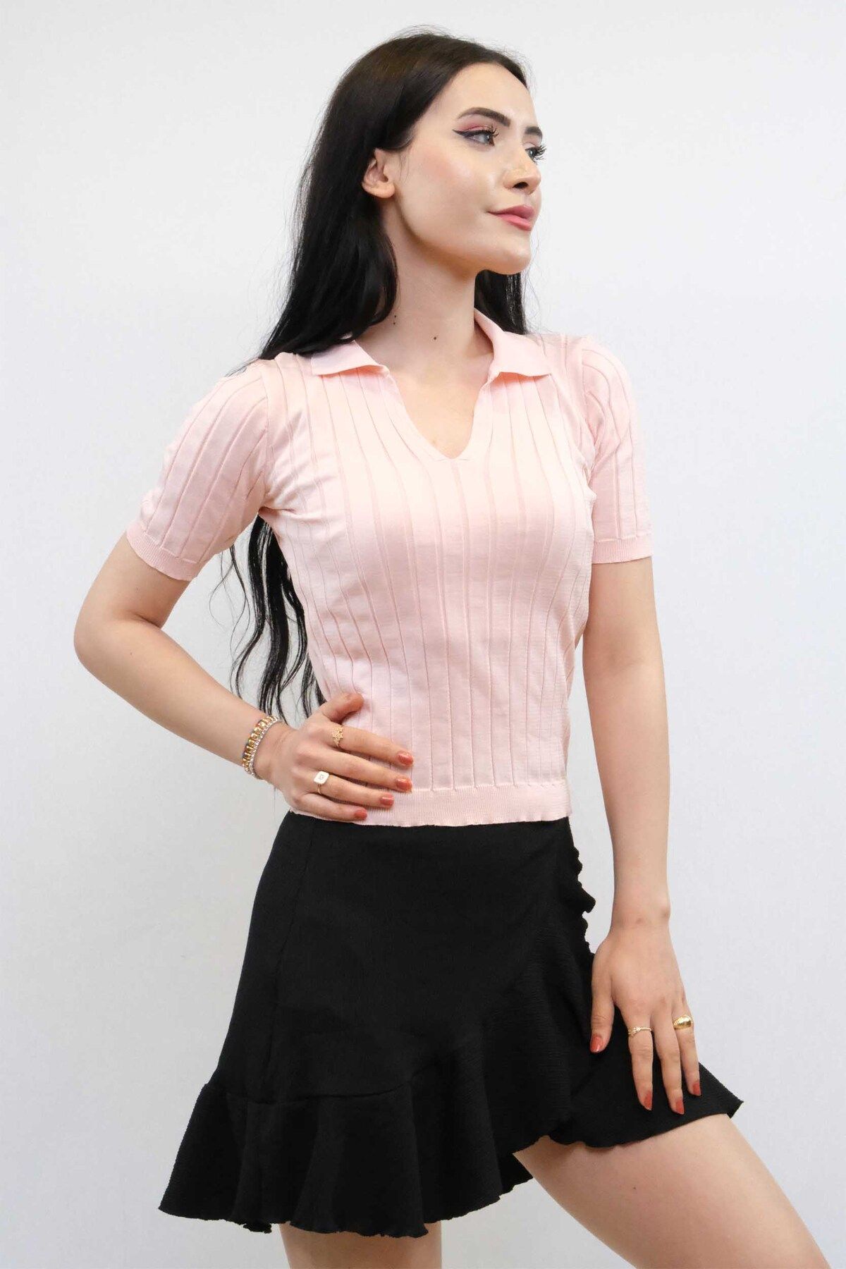 COXO Fashion`S Moda Çizgi Shirt Collar Knitwear Blouse Powder