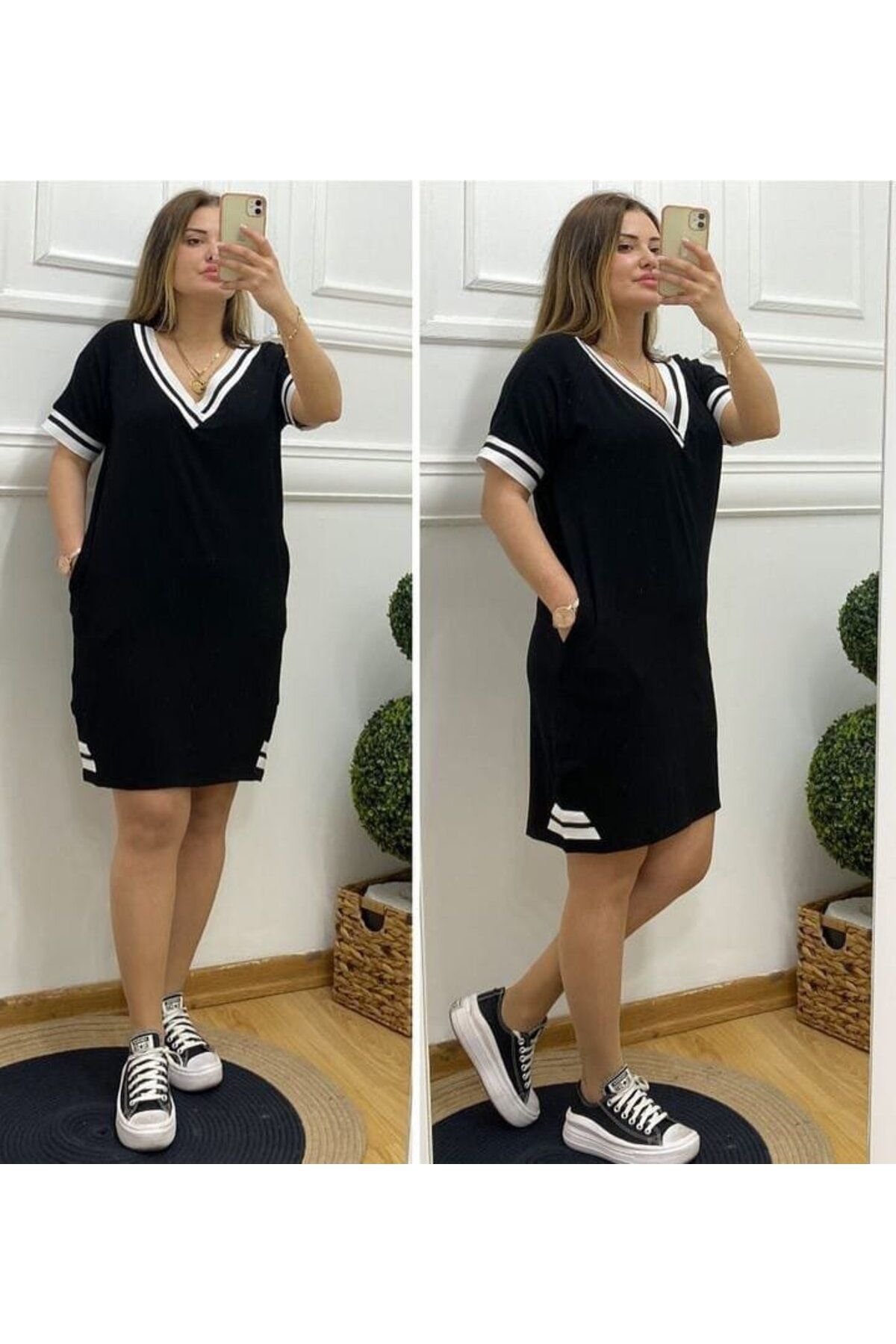 leyla sanat sanata yeni bir bakış açısı leyla sanat sanata yeni bir bakış açısı Kadın V Yaka Ribana Detaylı Cepli Dizüstü Viskon Elbise