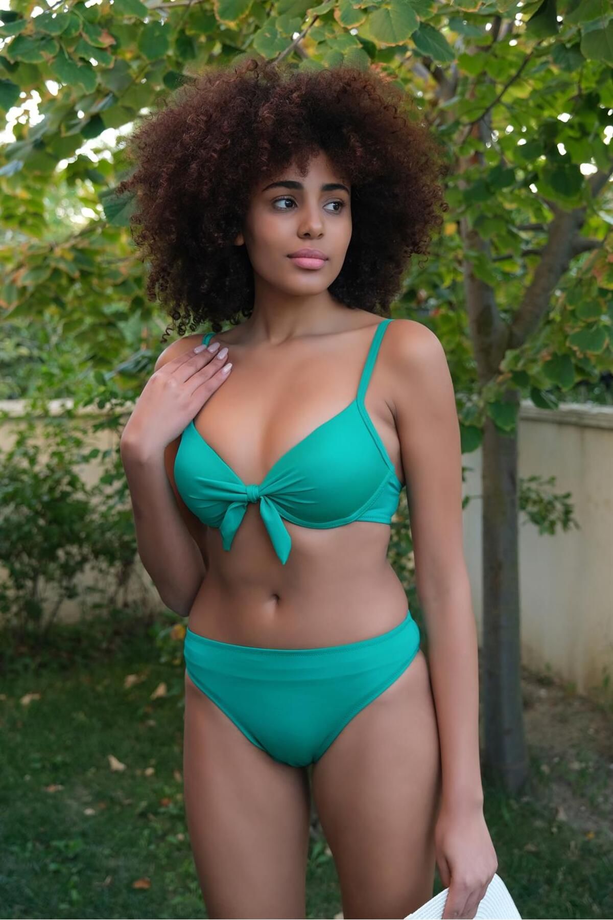 COXO Fashion`S Moda Çizgi Women's Padded Bow Bottom Top Green Bikini Set 35008