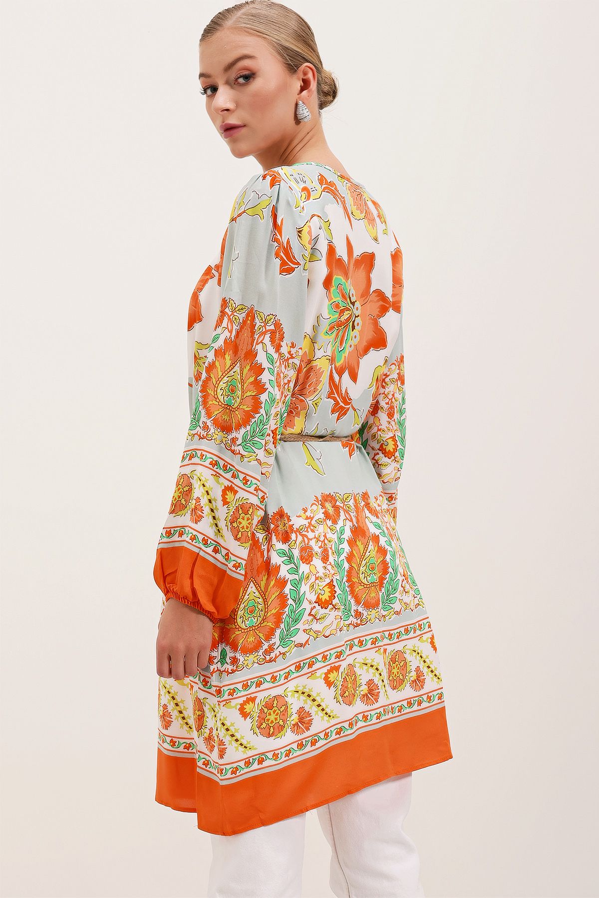 Bigdart-5902 Belted Patterned Dress - Orange 4