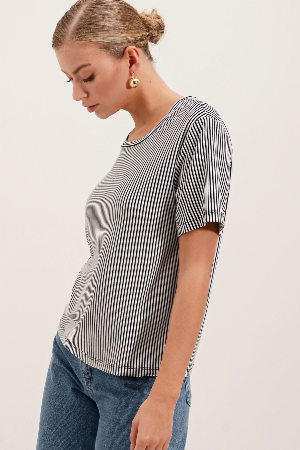 Bigdart-4313 Ριγέ Basic T-Shirt - Μαύρο 2