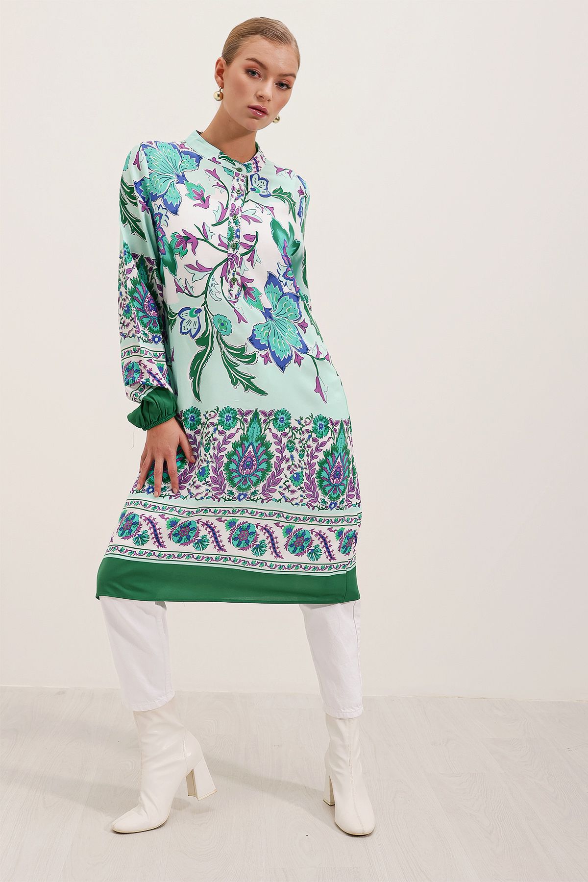 Bigdart-5903 Patterned Viscose Dress - Green 3