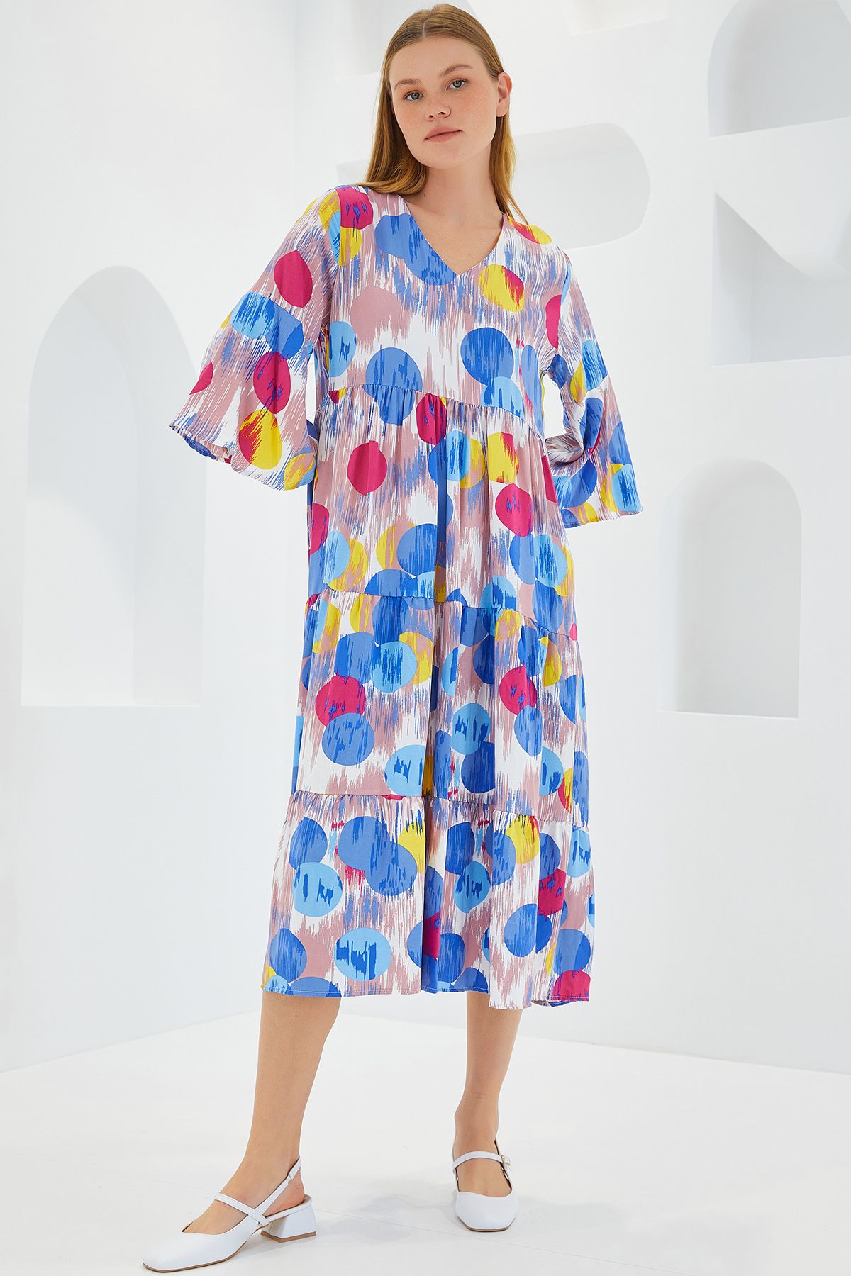 Bigdart-Women's Blue Red Patterned Short Sleeve Viscose Dress 1959 4
