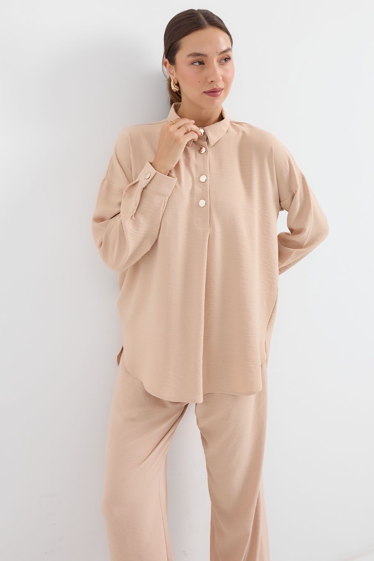 Bigdart-6631 Oversize Top and Bottom Set - Beige 2