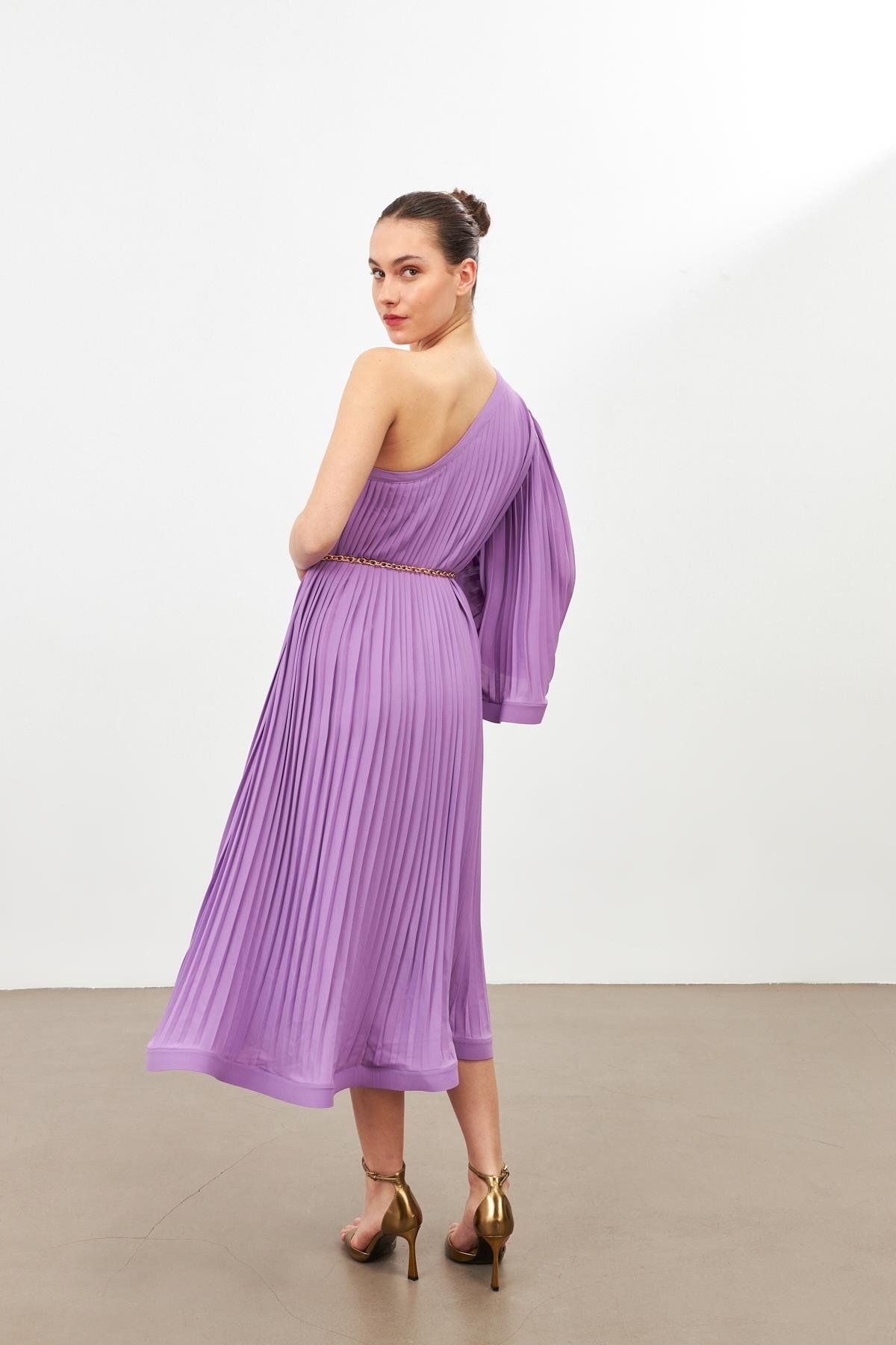 Setre-Lilac One-Shoulder Pleat Detailed Loose Dress 3