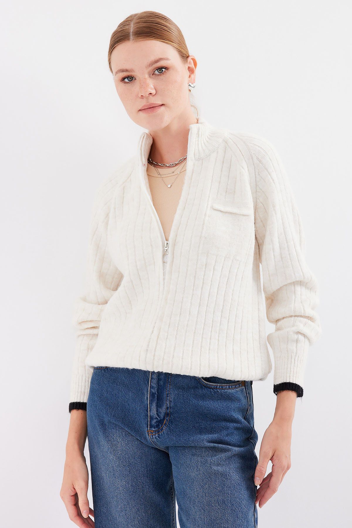 Bigdart-15863 Strickjacke mit Reißverschluss - Ecru 2