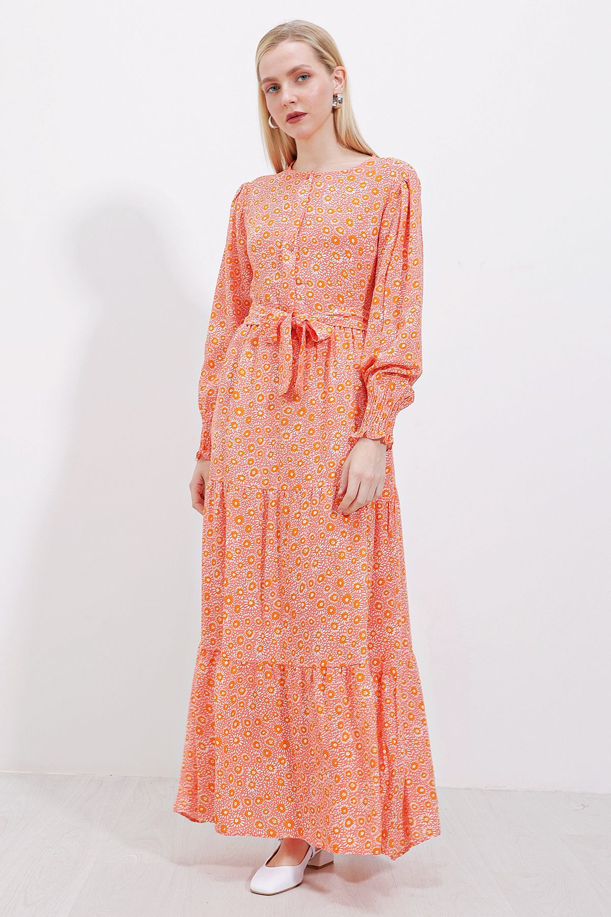 Bigdart-2374 Rochie lungă din viscoză cu model - Trandafir uscat 2