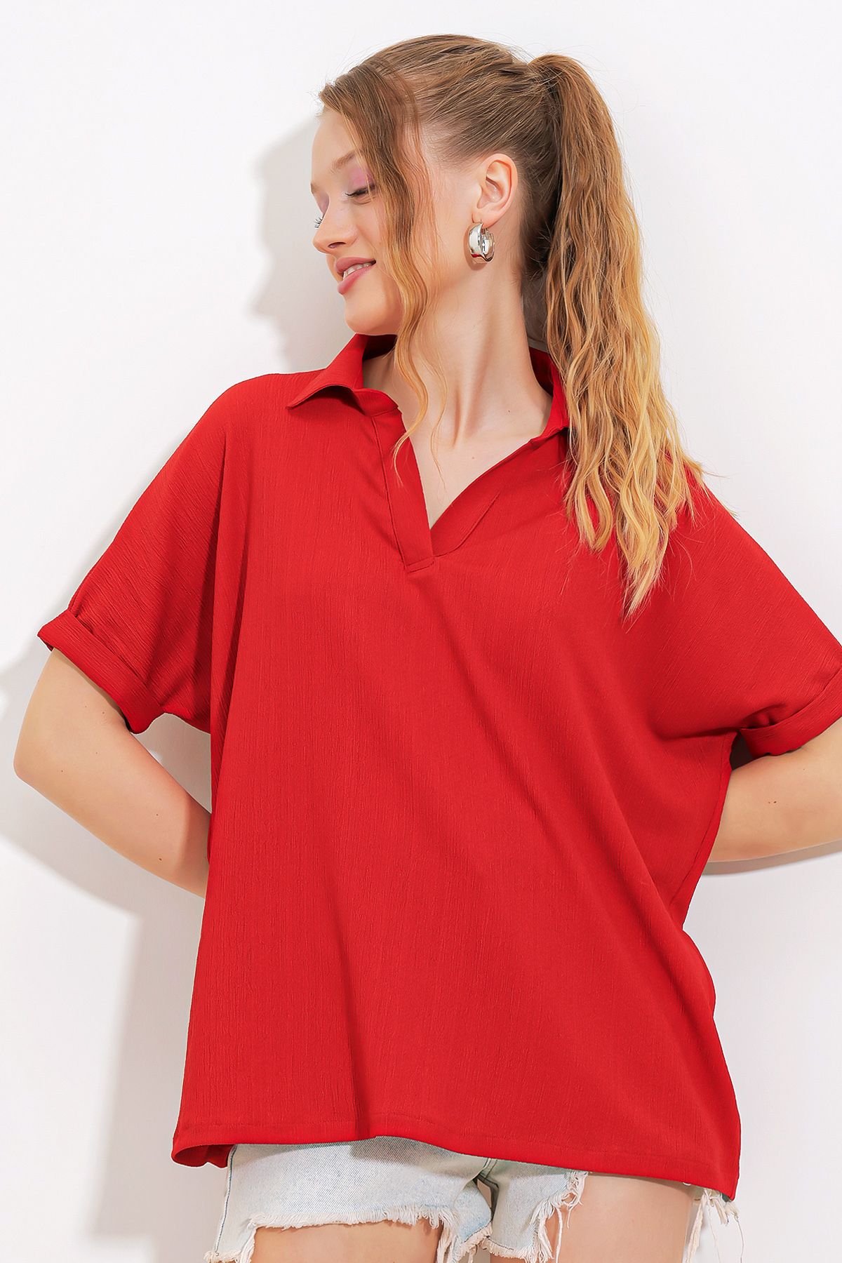 Bigdart-Rote Oversize-Strickbluse mit Rollkragen für Damen - 0486 3