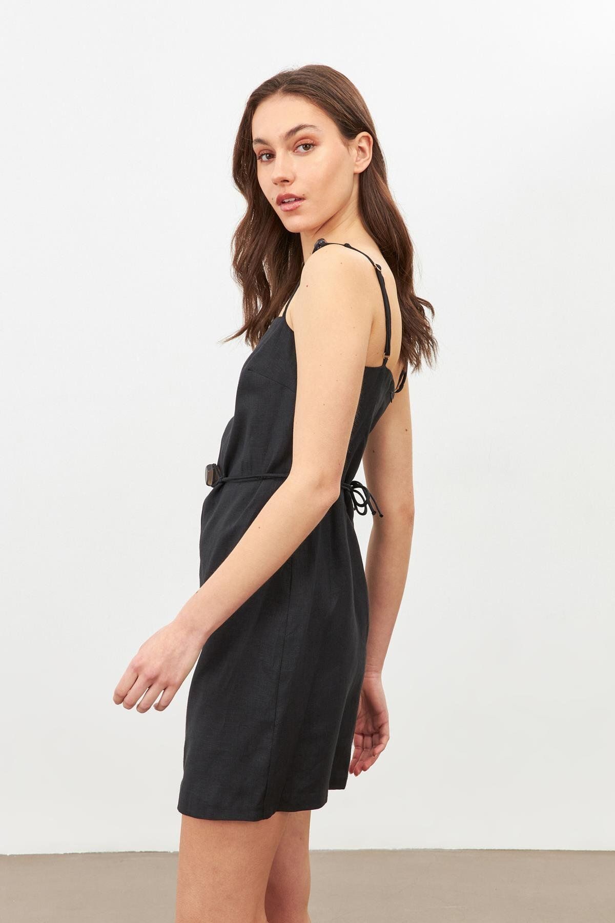 Setre-Short Dress with Black Linen Bead Belt Detail 5