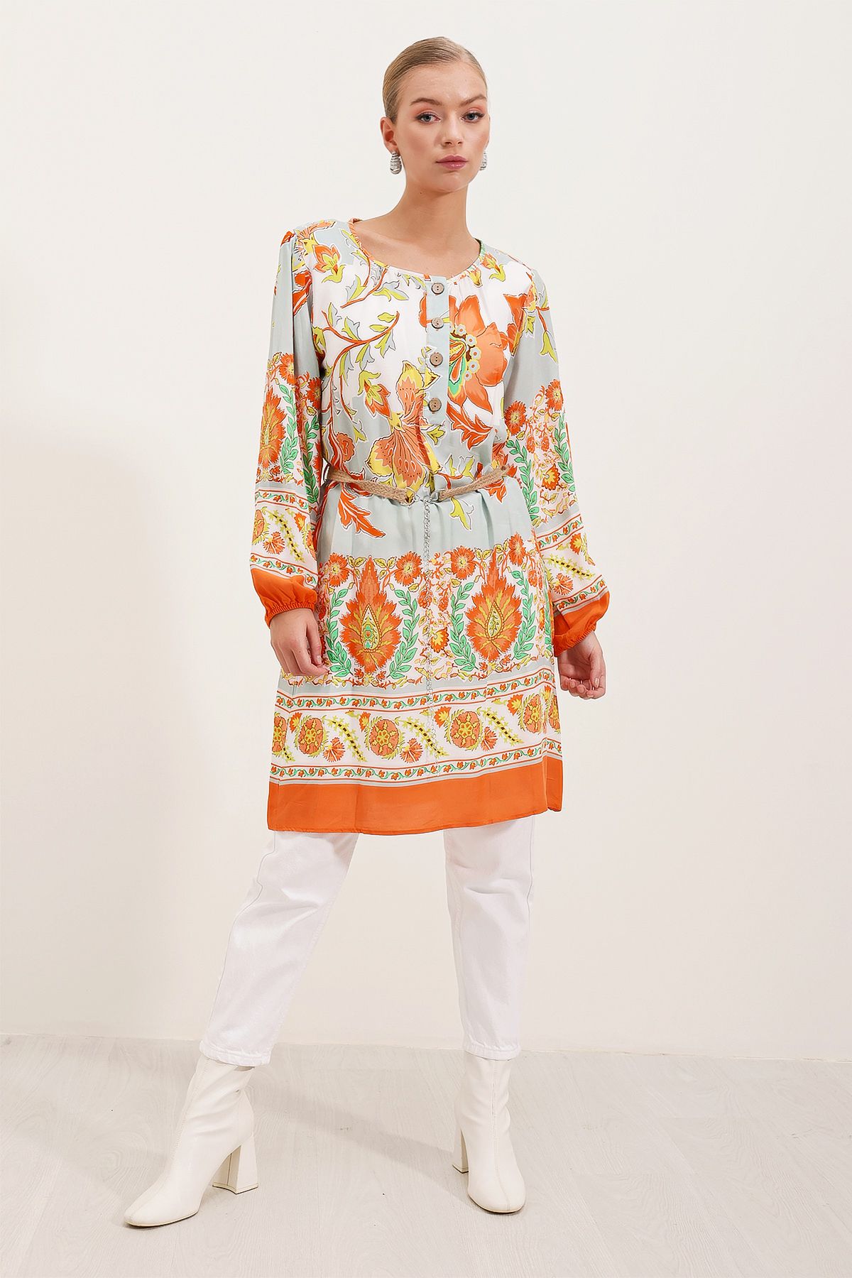 Bigdart-5902 Belted Patterned Dress - Orange 3