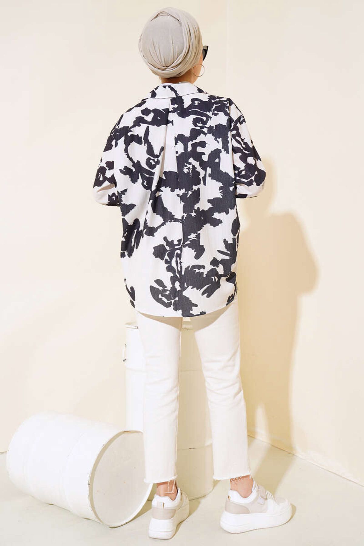 Bigdart-20179 Patterned Long Oversize Shirt - Ecru 4