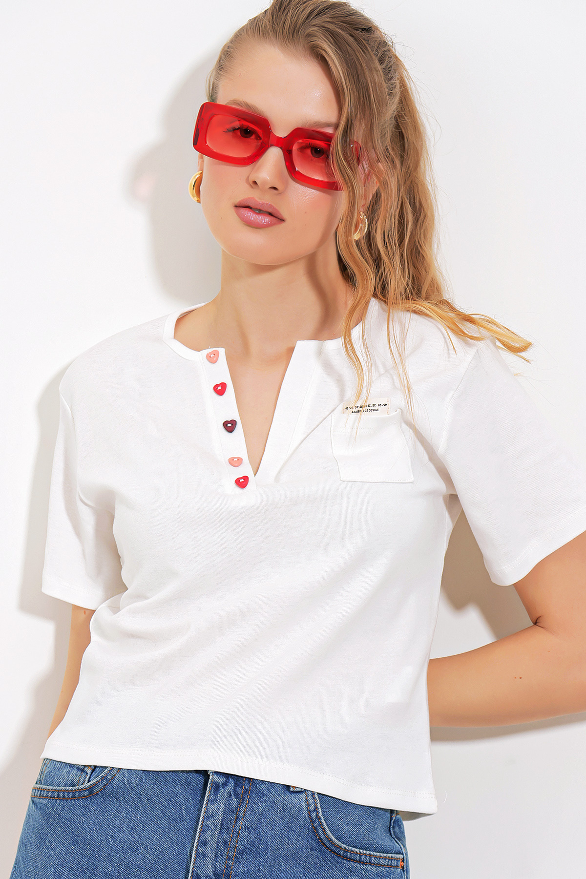 Bigdart-Weißes Damen-Kurzarm-T-Shirt mit Knopfdetail 903 1