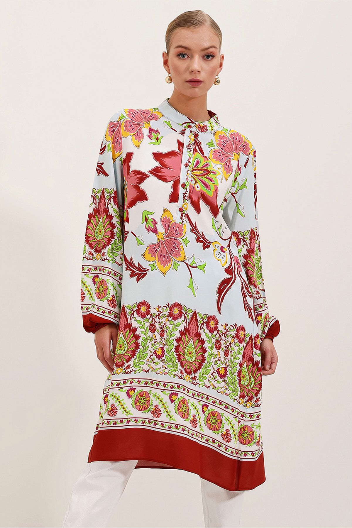 Bigdart-5903 Gemustertes Viskosekleid - Weinrot 1