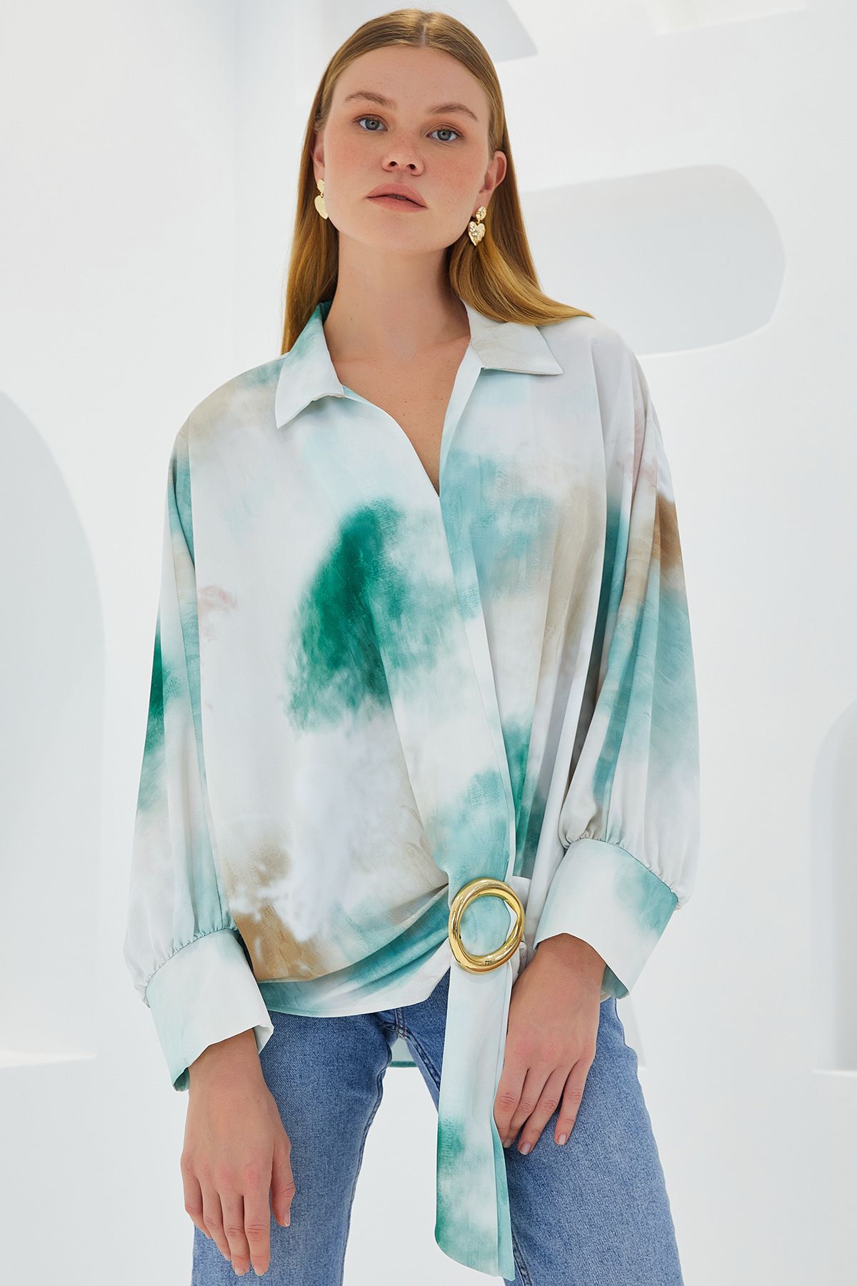 Bigdart-Grünes Ecru Satin Oversize Hemd - Damen 907 2