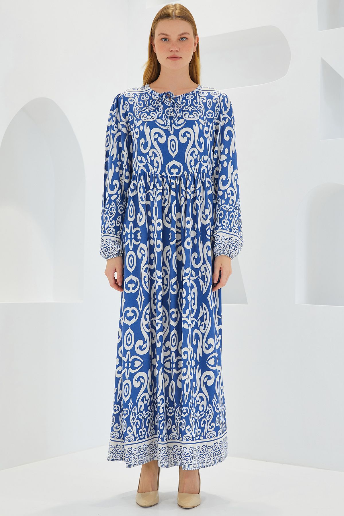 Bigdart-Μοντέλο μακρύ φόρεμα βισκόζης 1947 - Indigo Ecru Pattern 1