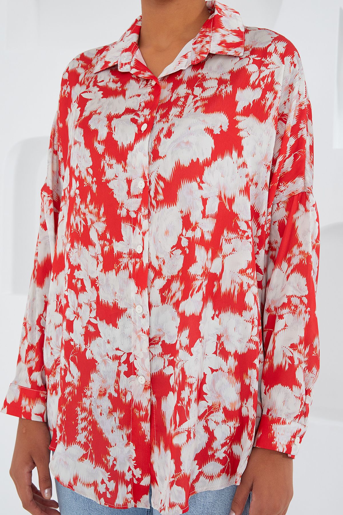 Bigdart-Women's Red and White Patterned Oversize Satin Shirt 3985 4