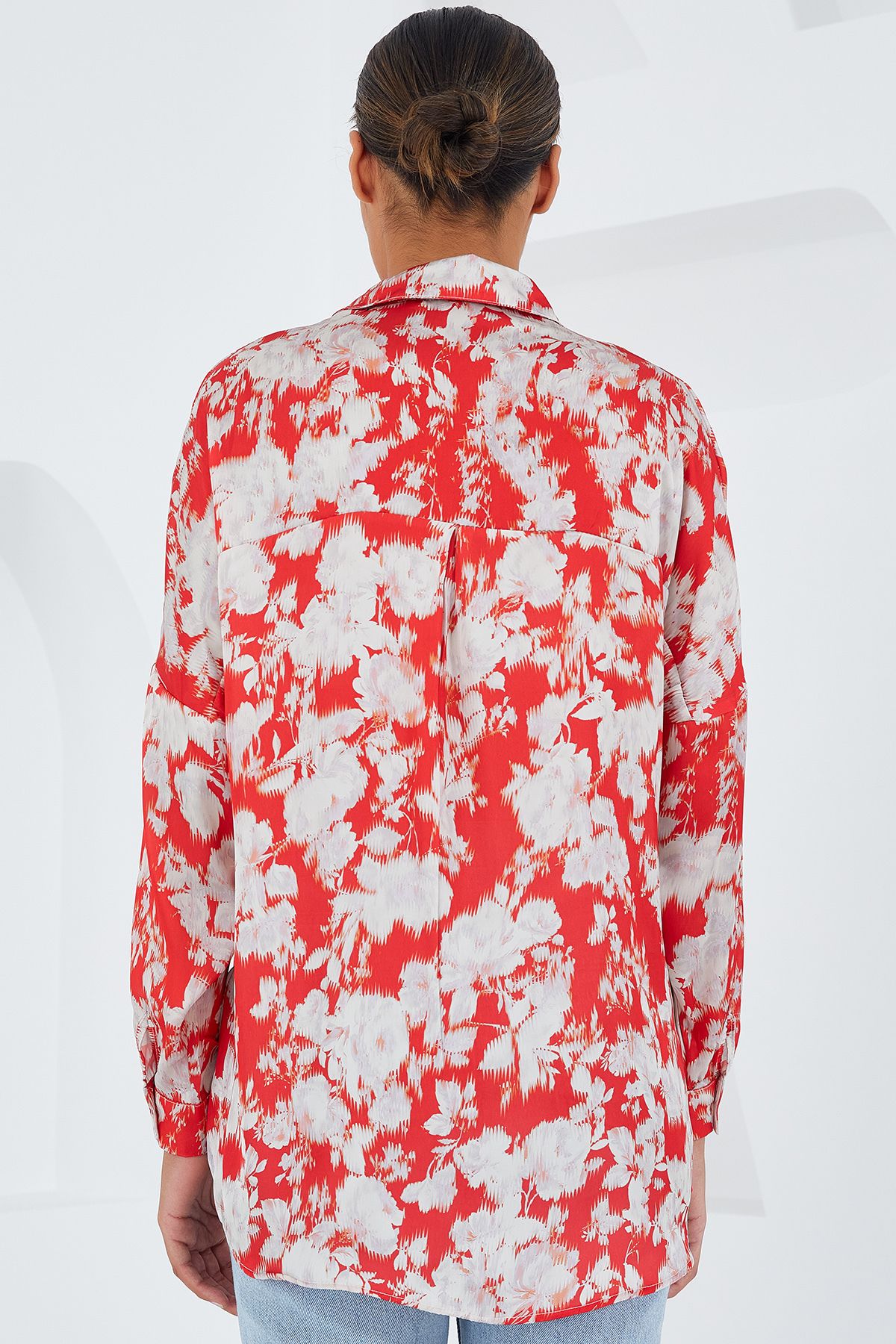 Bigdart-Women's Red and White Patterned Oversize Satin Shirt 3985 5