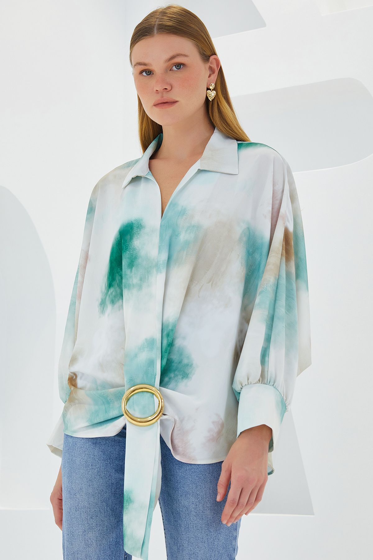Bigdart-Grünes Ecru Satin Oversize Hemd - Damen 907 3