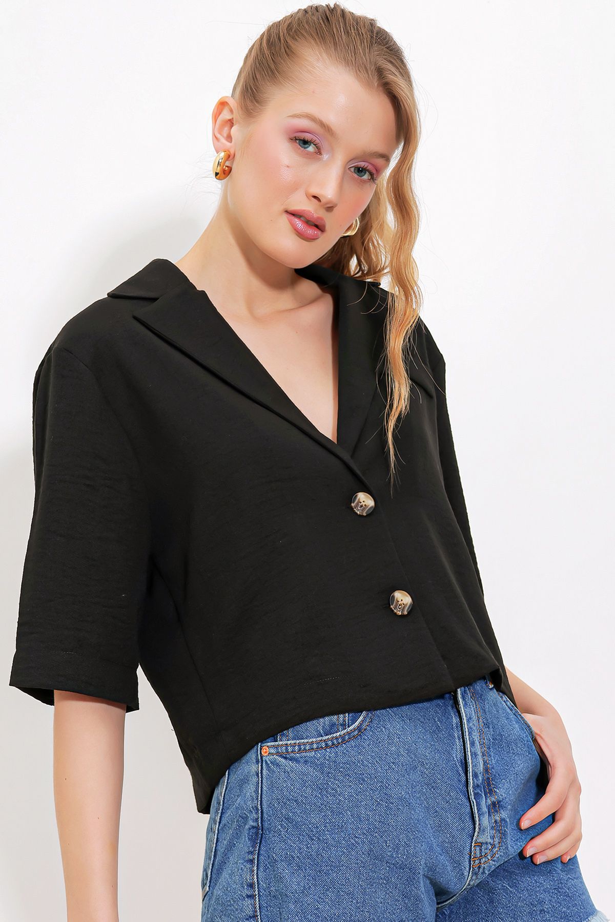 Bigdart-Schwarze, übergroße Crop-Leinenjacke mit zwei Knöpfen für Damen 0706 2