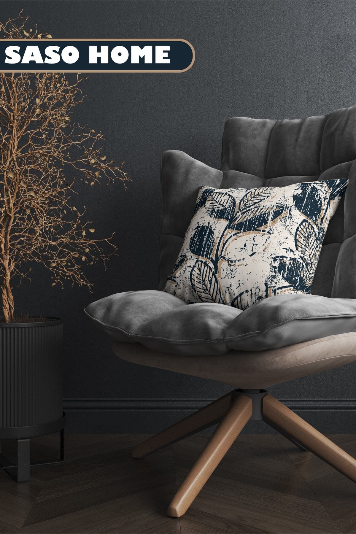 SasoHome-Jednoduchý moderní design modré listy povlak na polštář s digitálním potiskem na krémovém pozadí 3