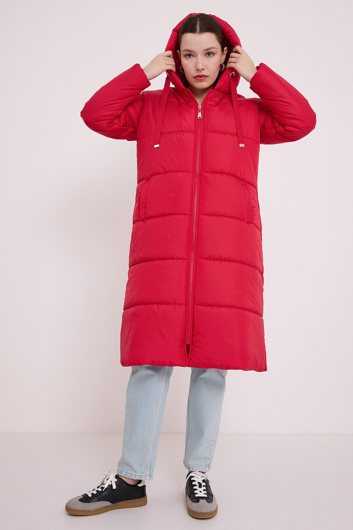 Bigdart-Woman's Red Hooded Long Inflatable Coat 5120 3