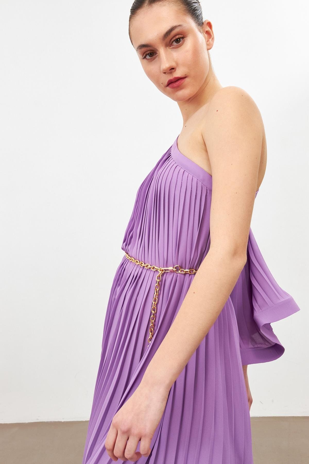 Setre-Lilac One-Shoulder Pleat Detailed Loose Dress 2