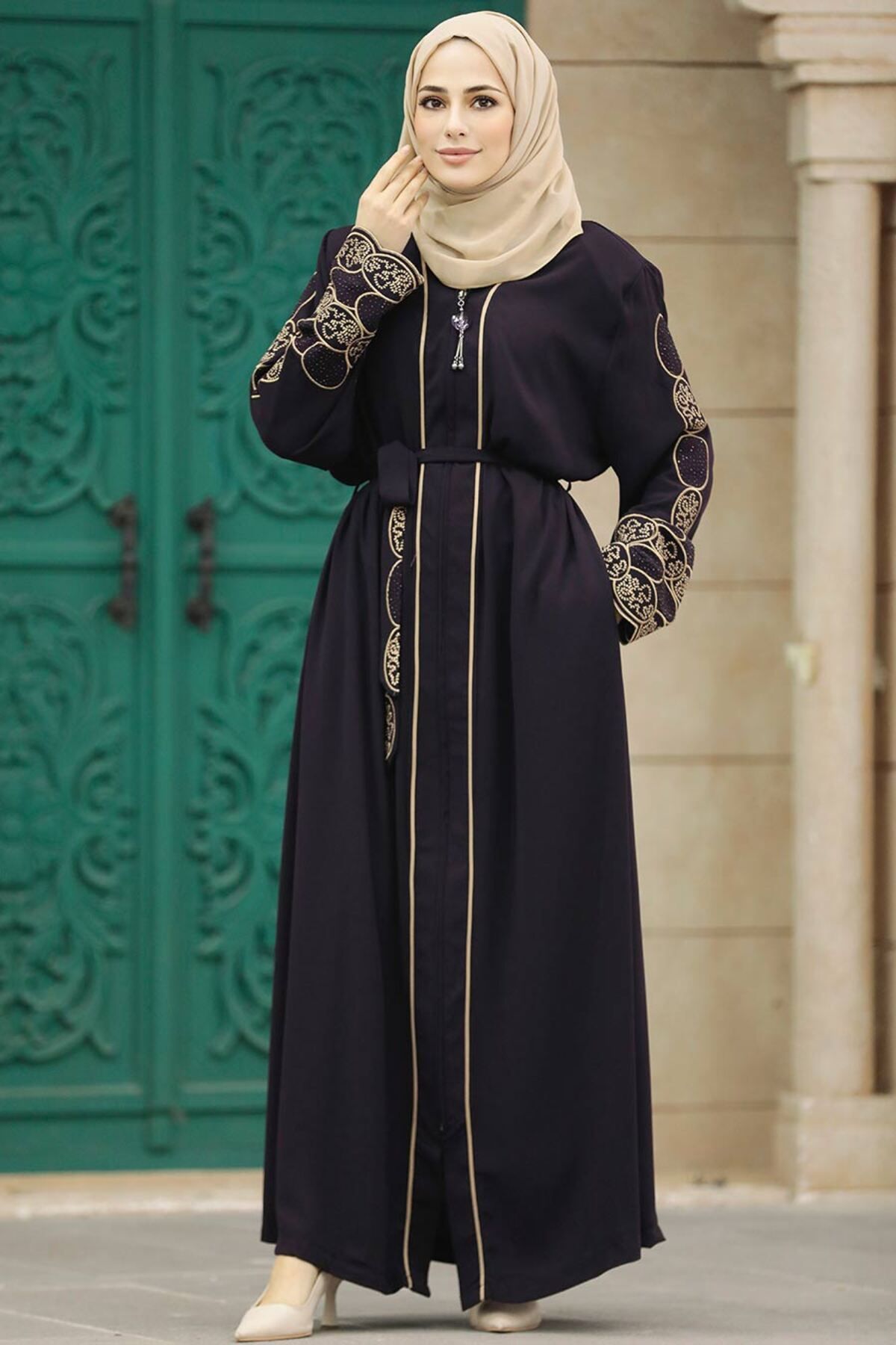 Neva Style-Plum Zippered Hijab Abaya - 23151Mu 2