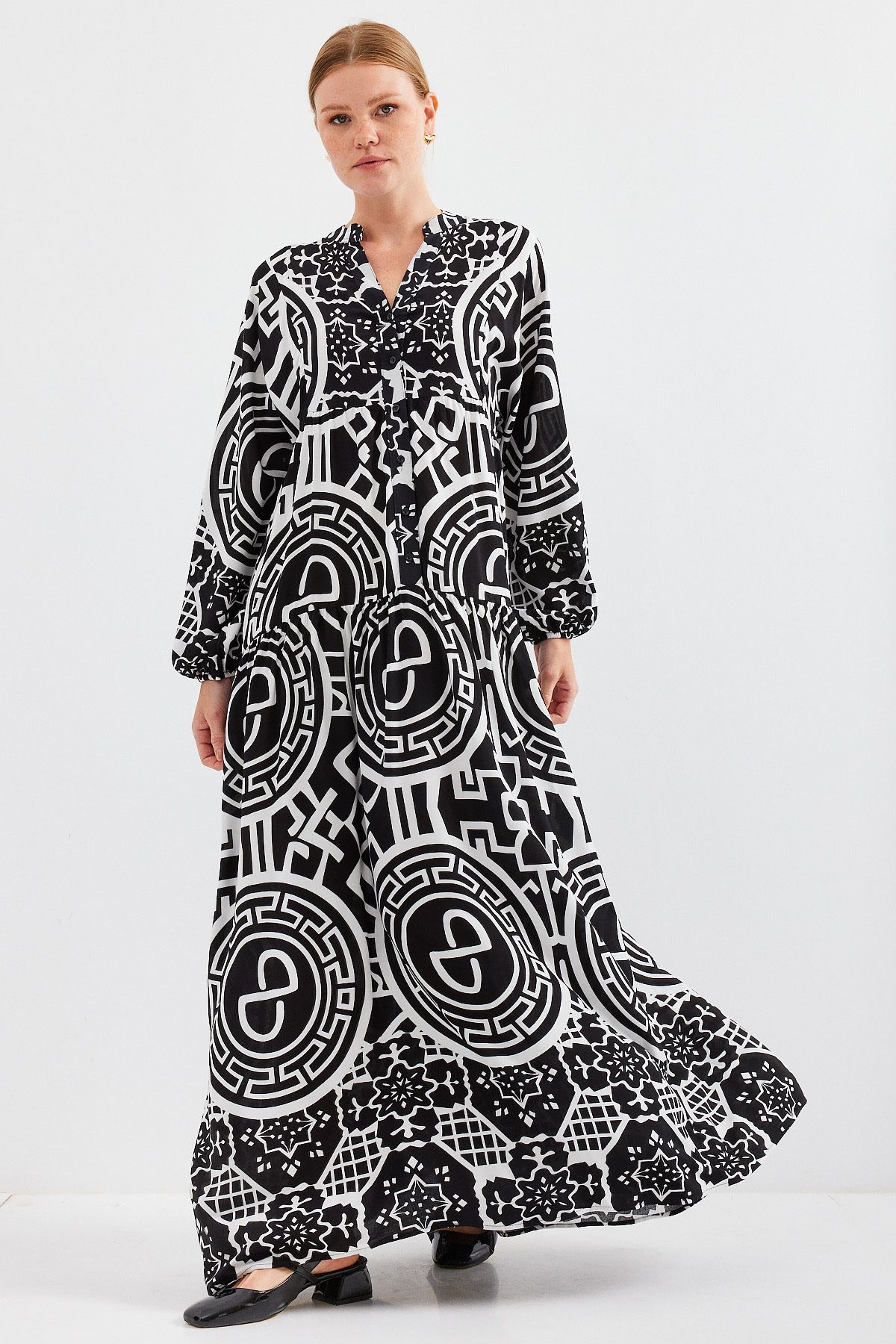 Bigdart-Women's Patterned Black and White Viscose Hijab Dress 2423 1