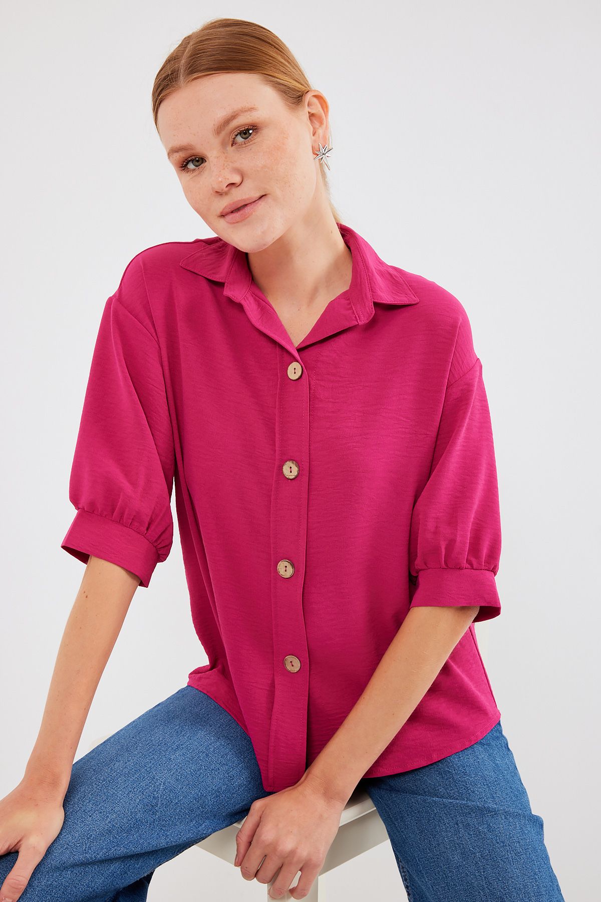 Bigdart-20240 Model Oversize Linen Short Sleeve Shirt - Fuchsia 3
