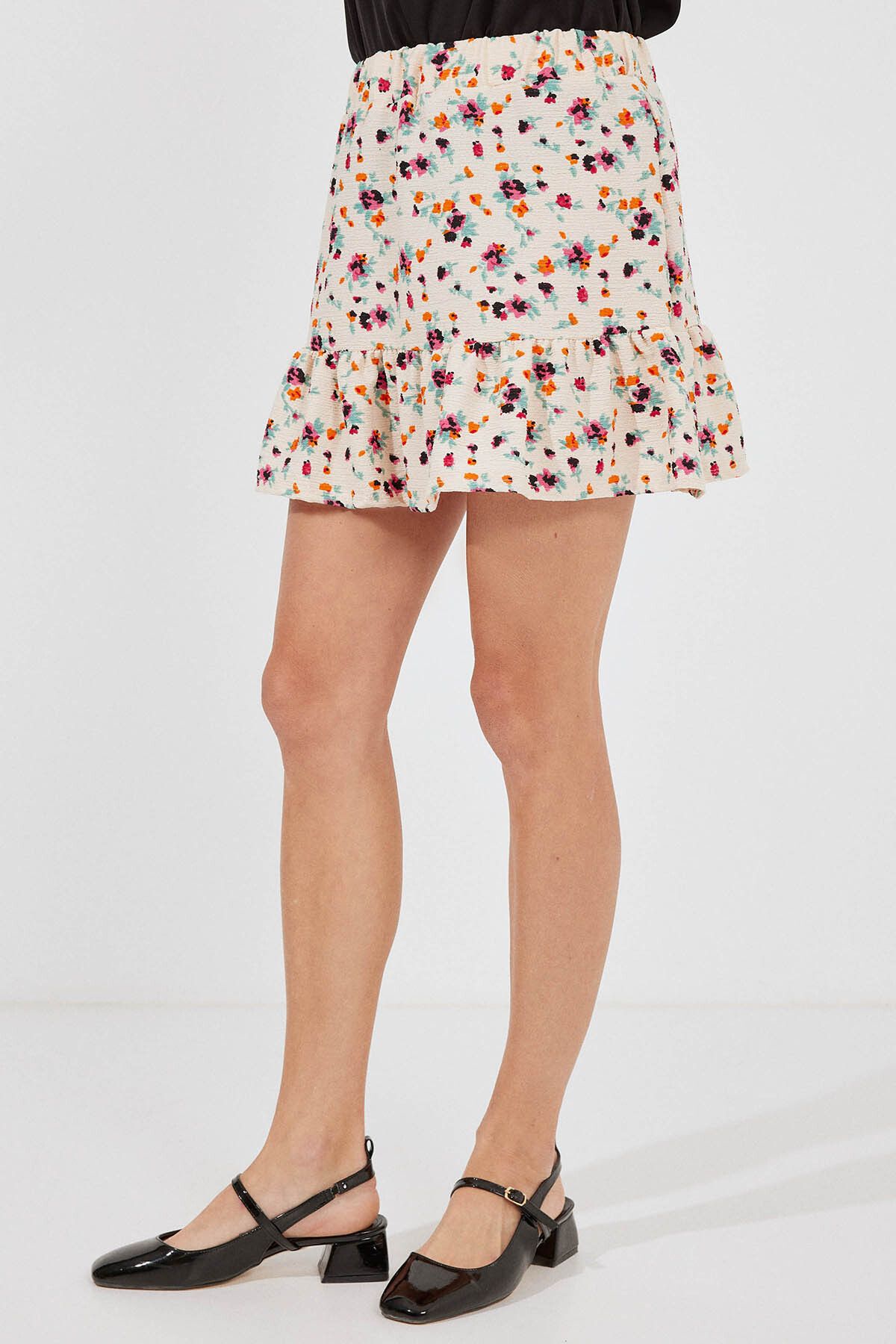 Bigdart-1884 Patterned Viscose Mini Skirt - Cream Color 3