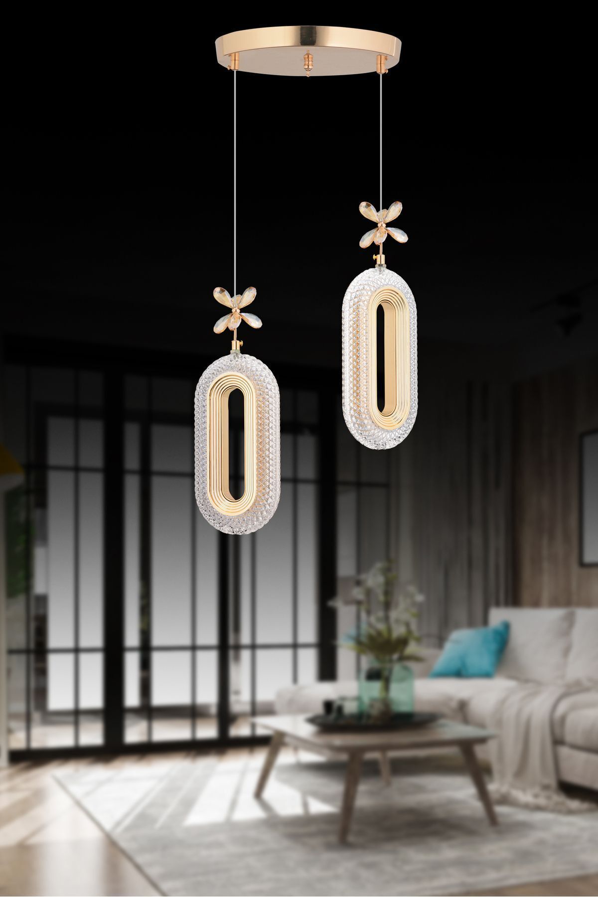 Nova Lighting Alfa Led 2'li Gold 3 Renk Modu Ledli Kristal Taşlı Modern Led Avize