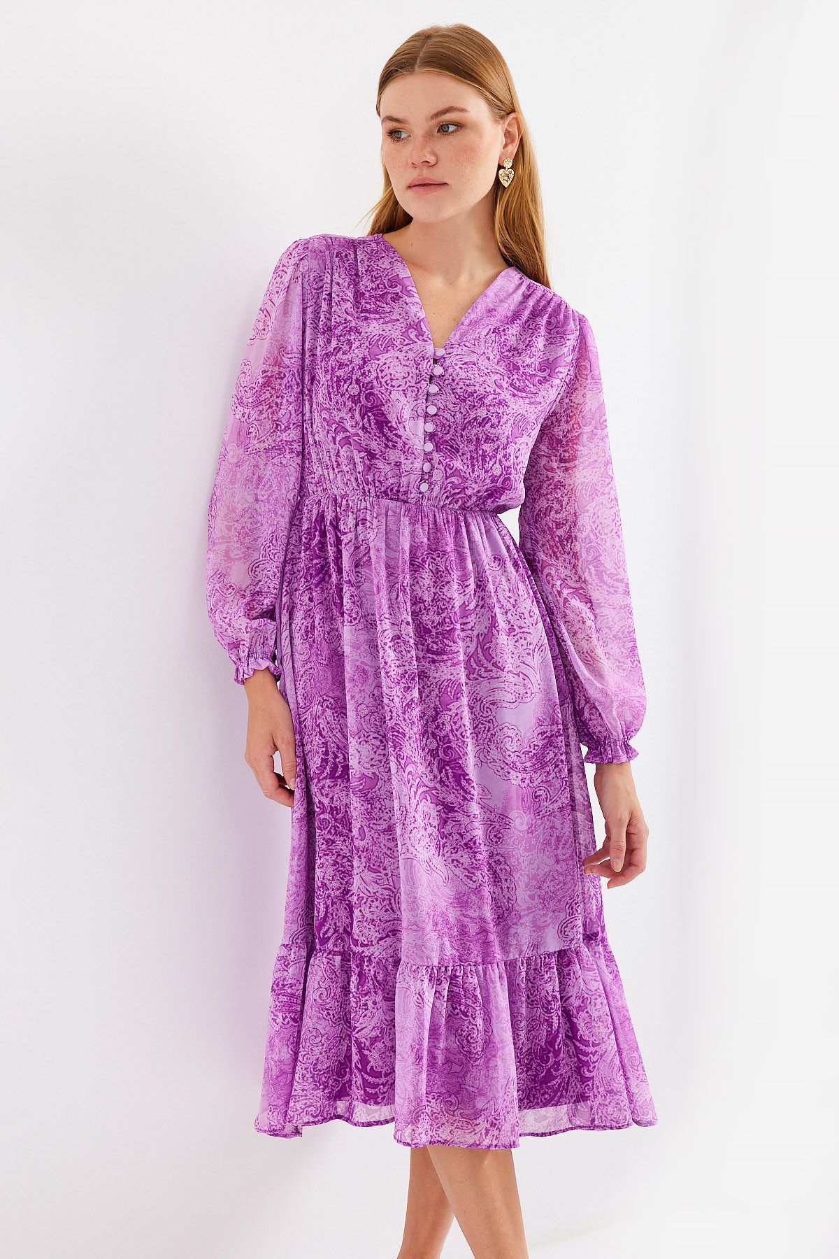 Bigdart-2137 Model Patterned Chiffon Dress - Dark Lilac 1