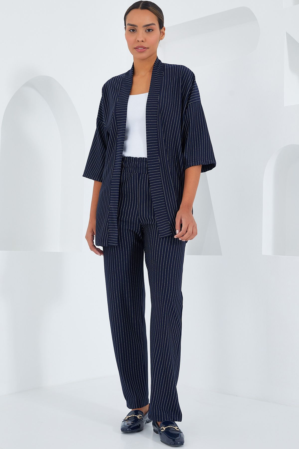 Bigdart-6661 Women's Striped Kimono Double Set - Navy Blue 1