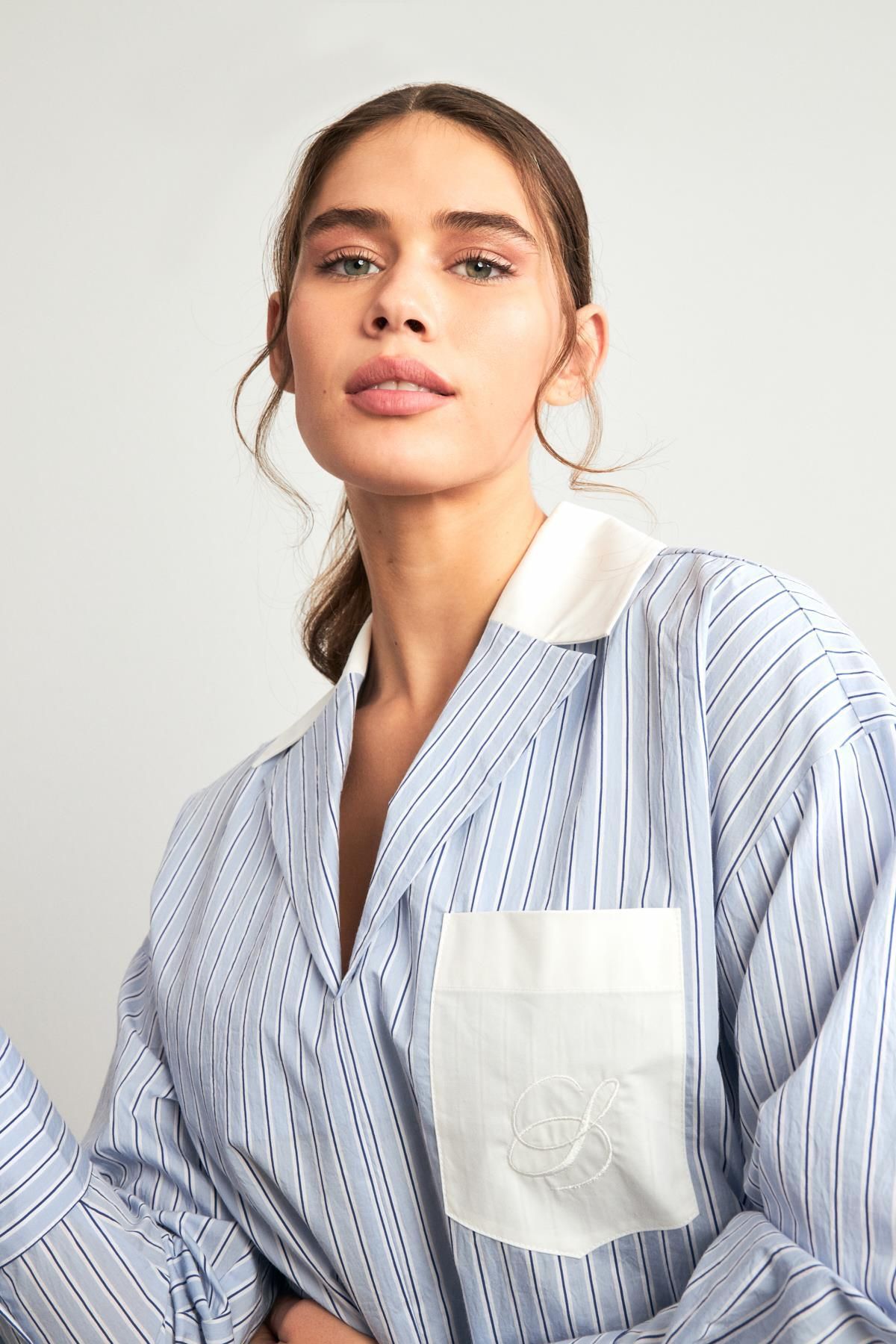 Setre-V-Neck Pocket Detailed Striped Blue Shirt 2