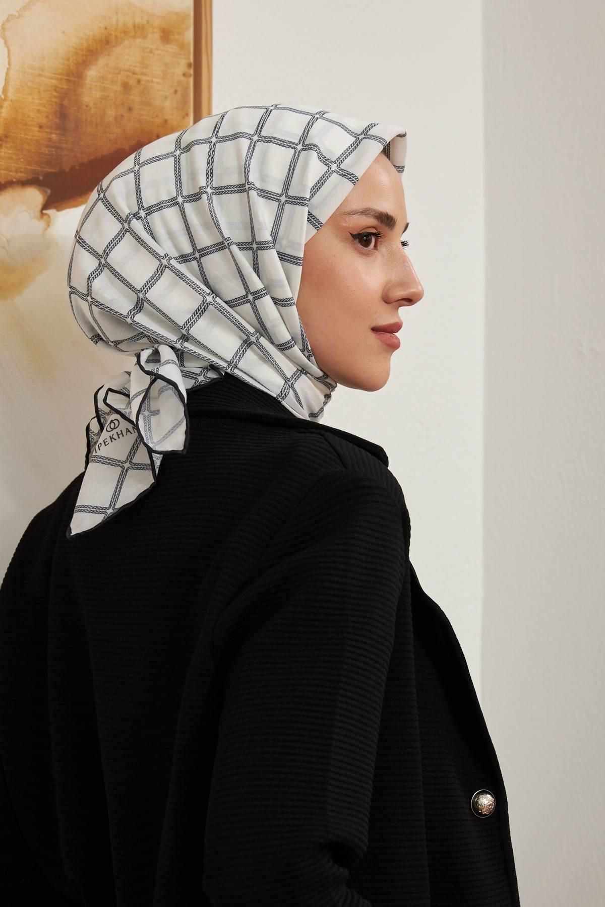 İpekhan-İpekhan White Viscose Scarf - Stripe Pattern Series, Bone 1125-07 3