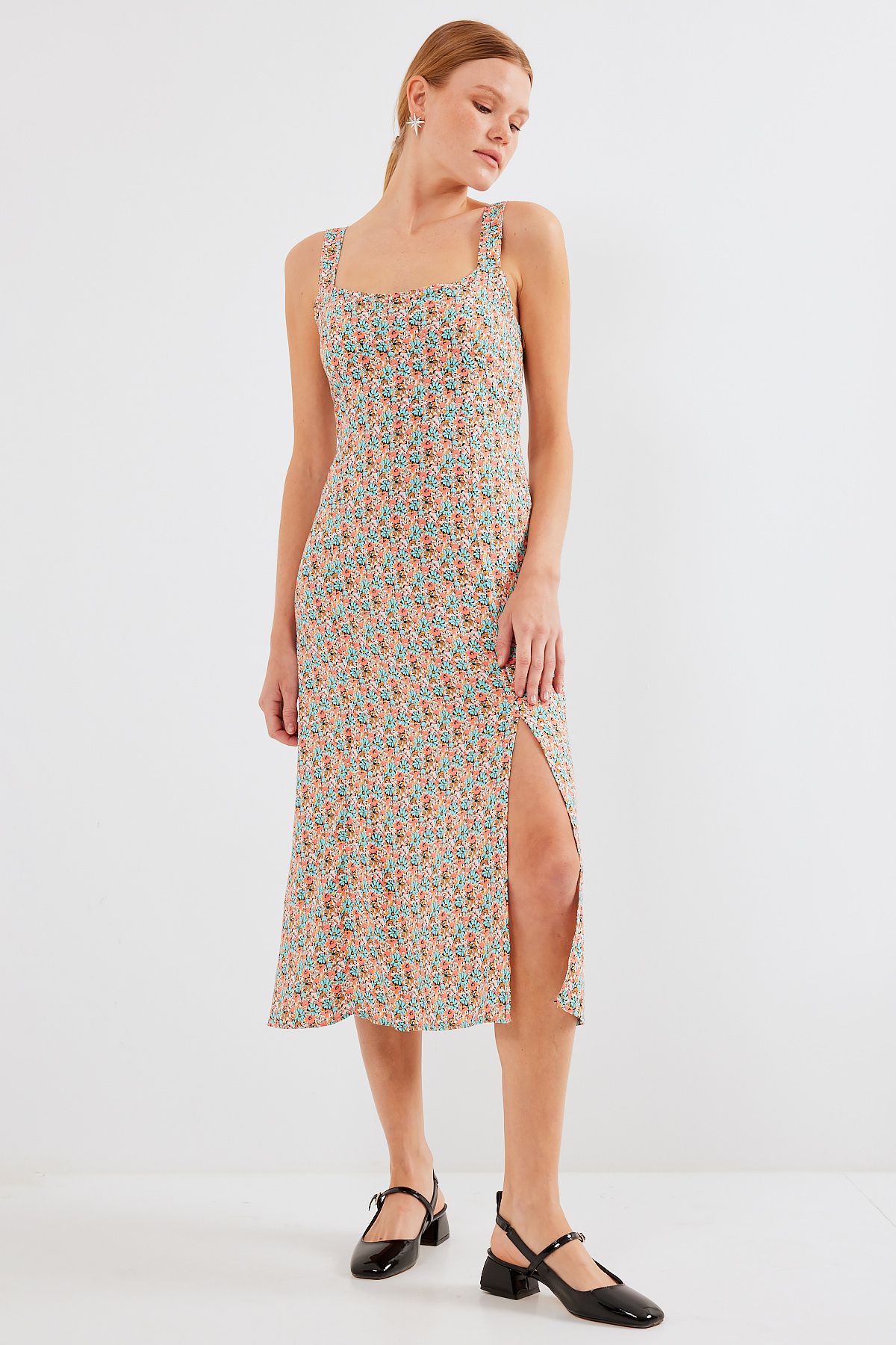 Bigdart-2282 Model Slit Viscose Strap Dress - Multicolored 4