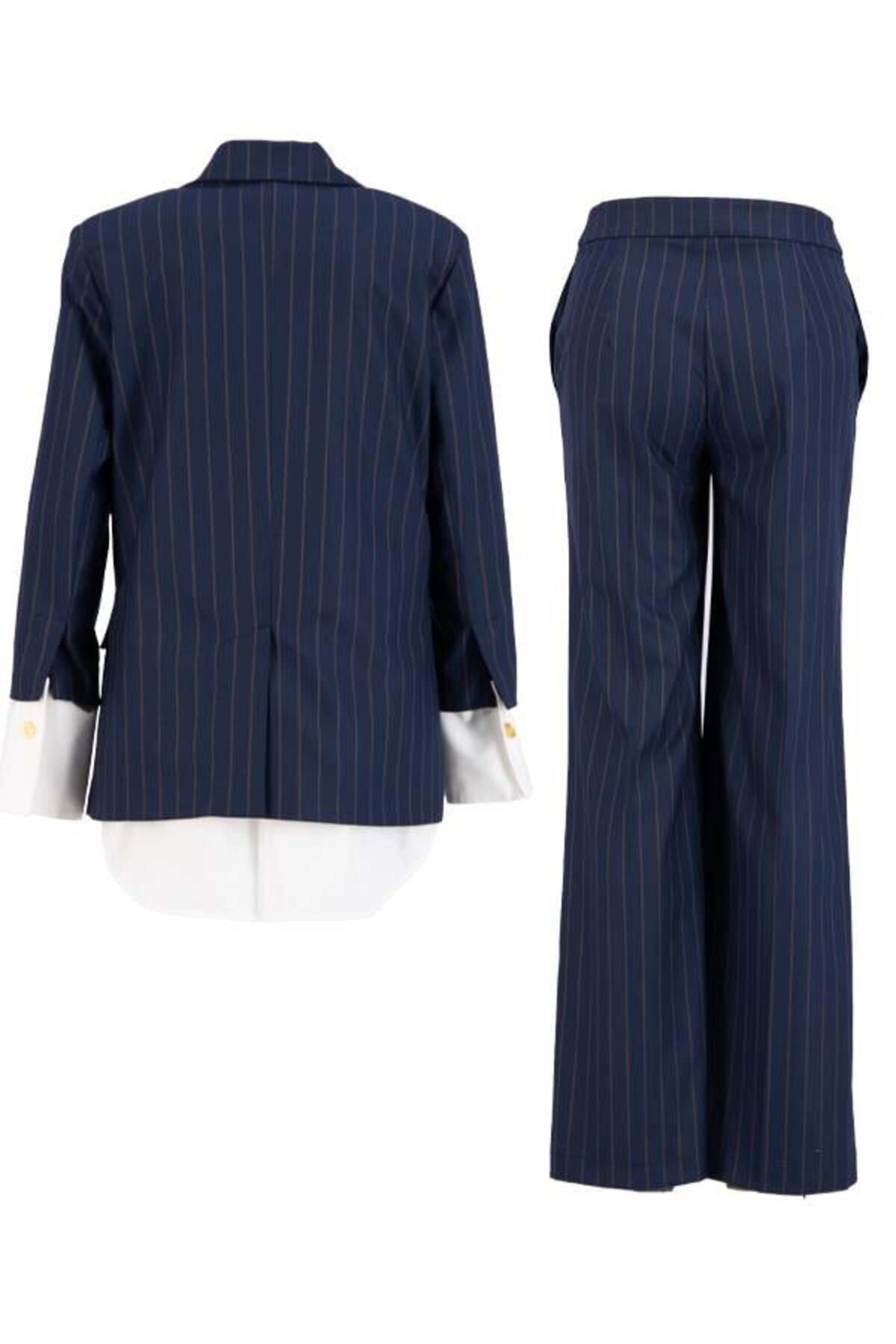 Setre-Navy Blue Navy Blue Striped Double Suit with Sleeve Detail 7