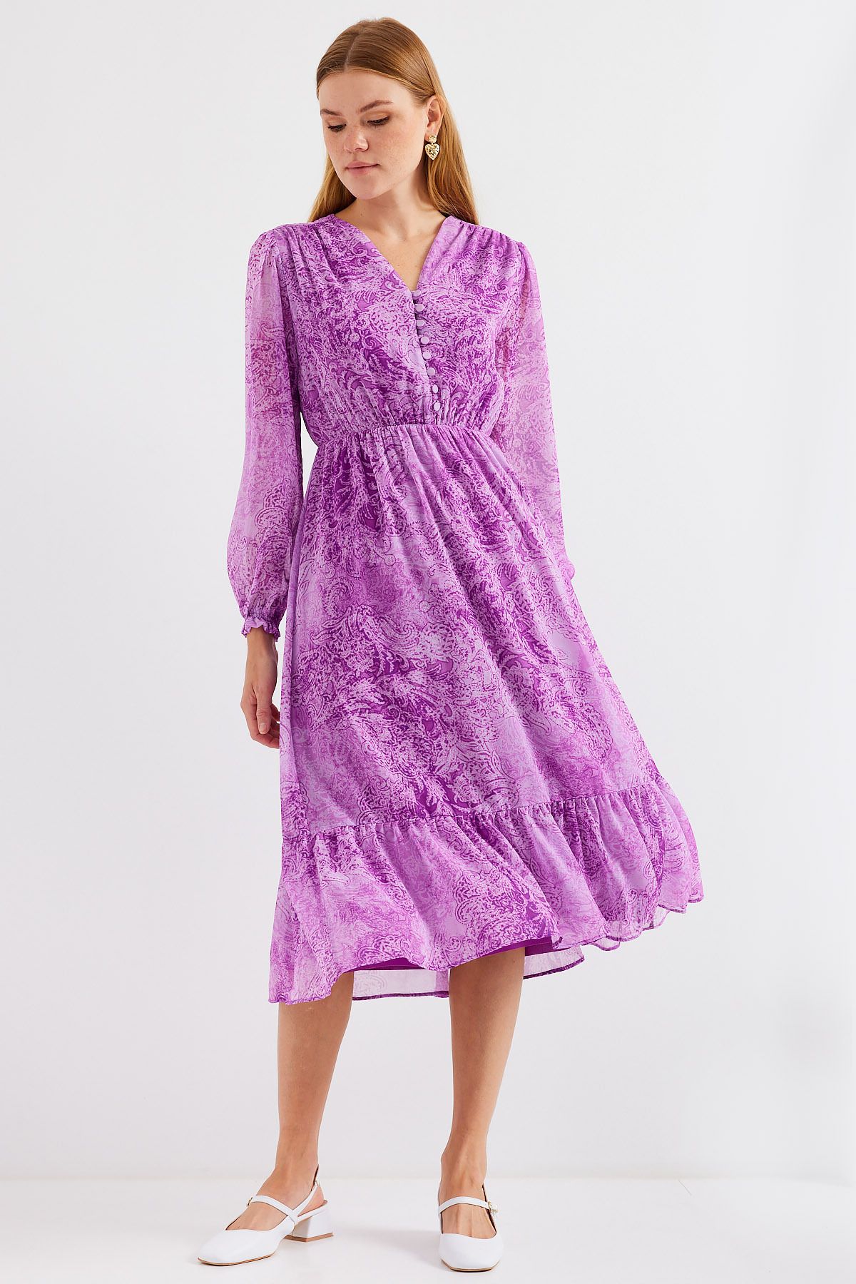 Bigdart-2137 Model Patterned Chiffon Dress - Dark Lilac 2