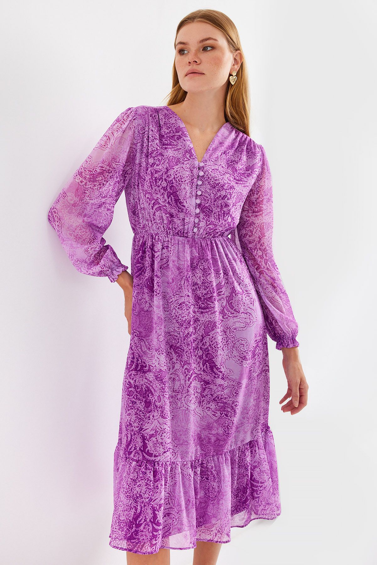 Bigdart-2137 Model Patterned Chiffon Dress - Dark Lilac 3