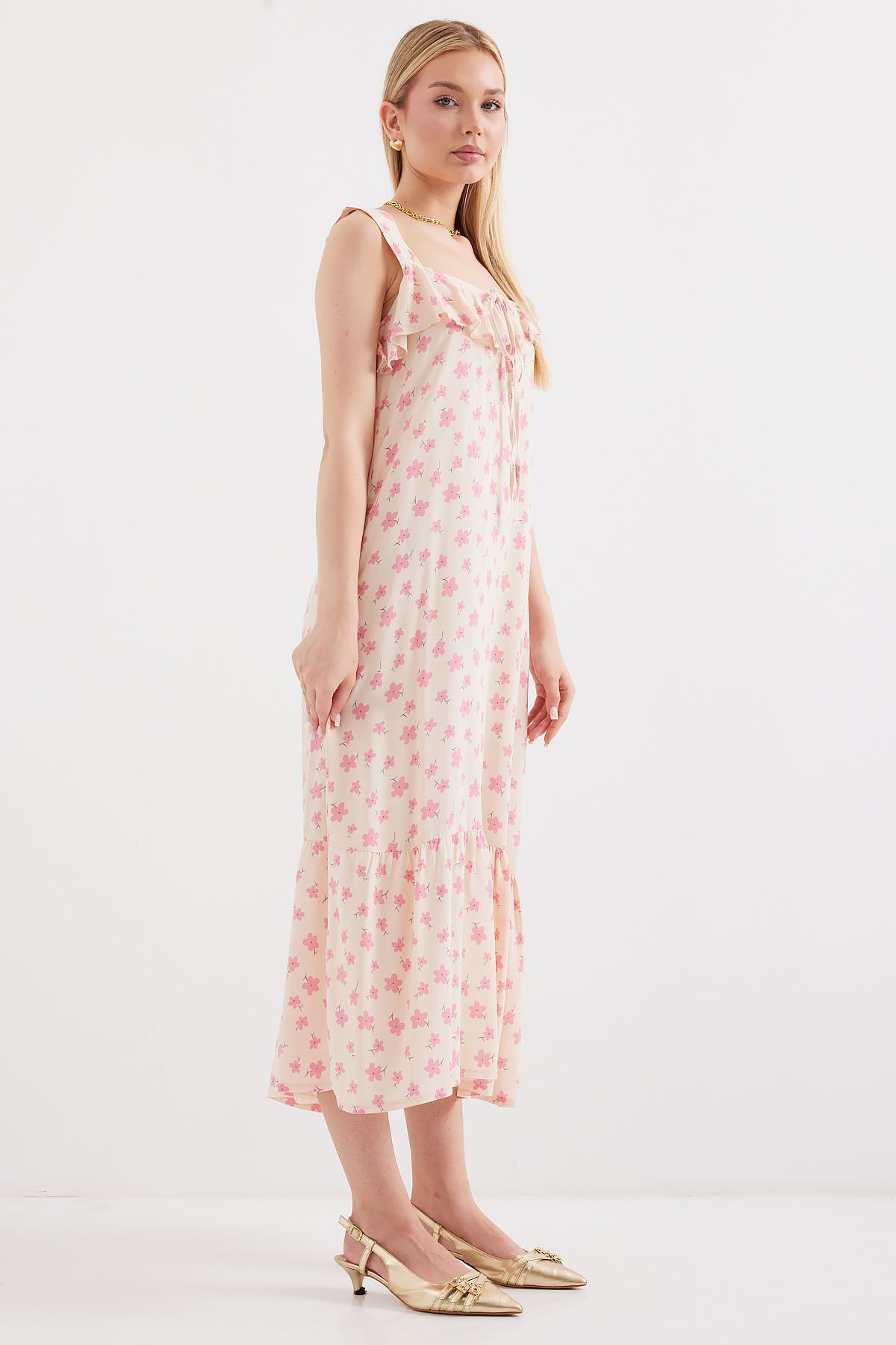 Bigdart-2237 Model Pink Patterned Viscose Strap Dress 3
