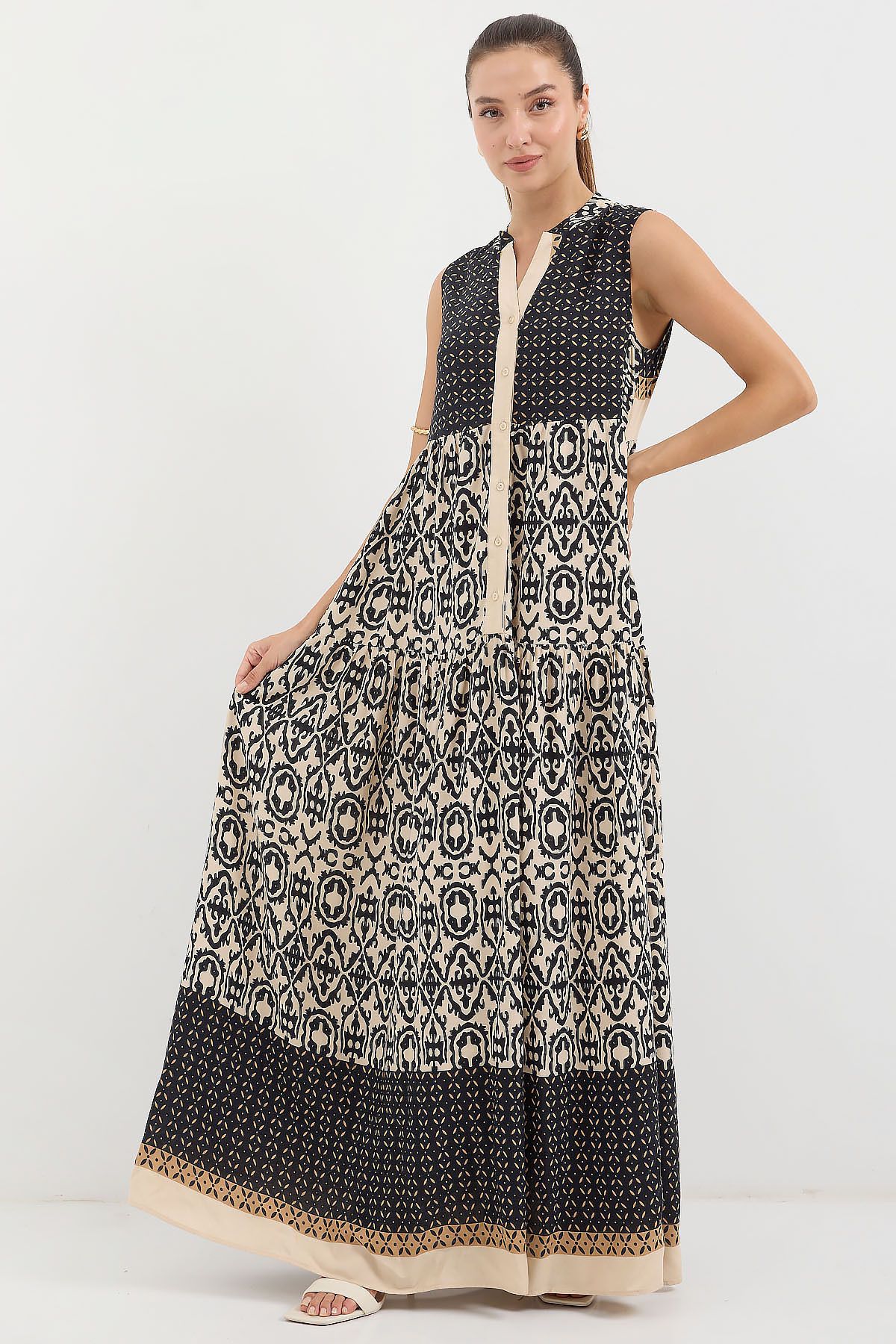 Bigdart-2515 Patterned - Null Sleeve Viscose Black Dress 3