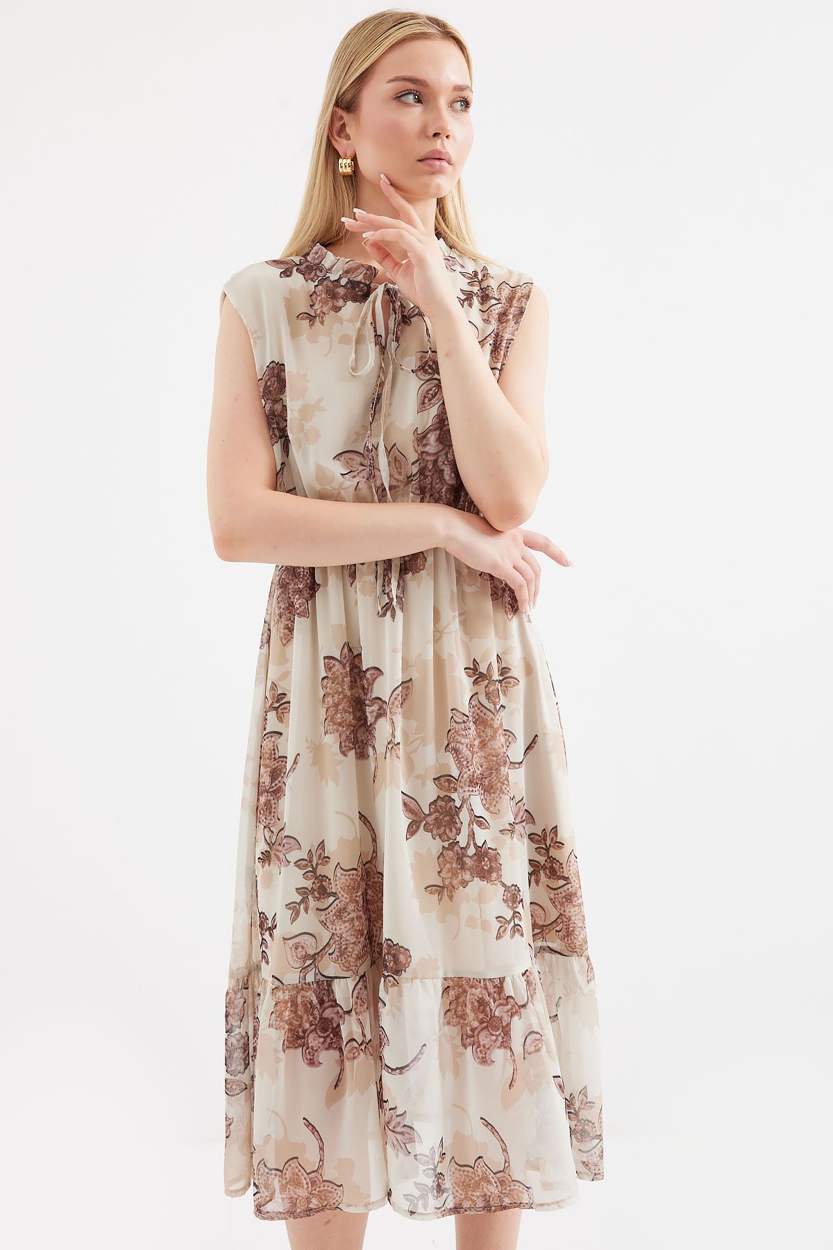 Bigdart-Gemustertes Chiffonkleid Modell 2503 in Braun - Nullärmel 2