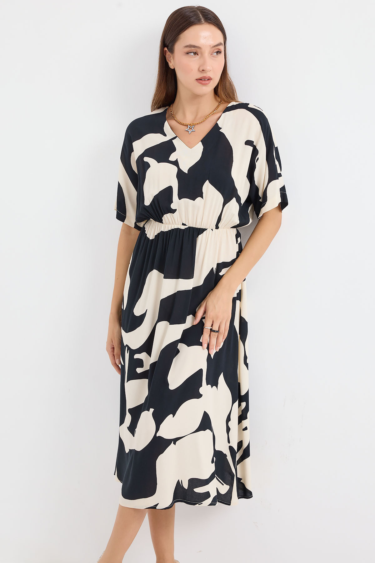 Bigdart-2511 Model - Black Patterned Dress with Elastic Waist 2